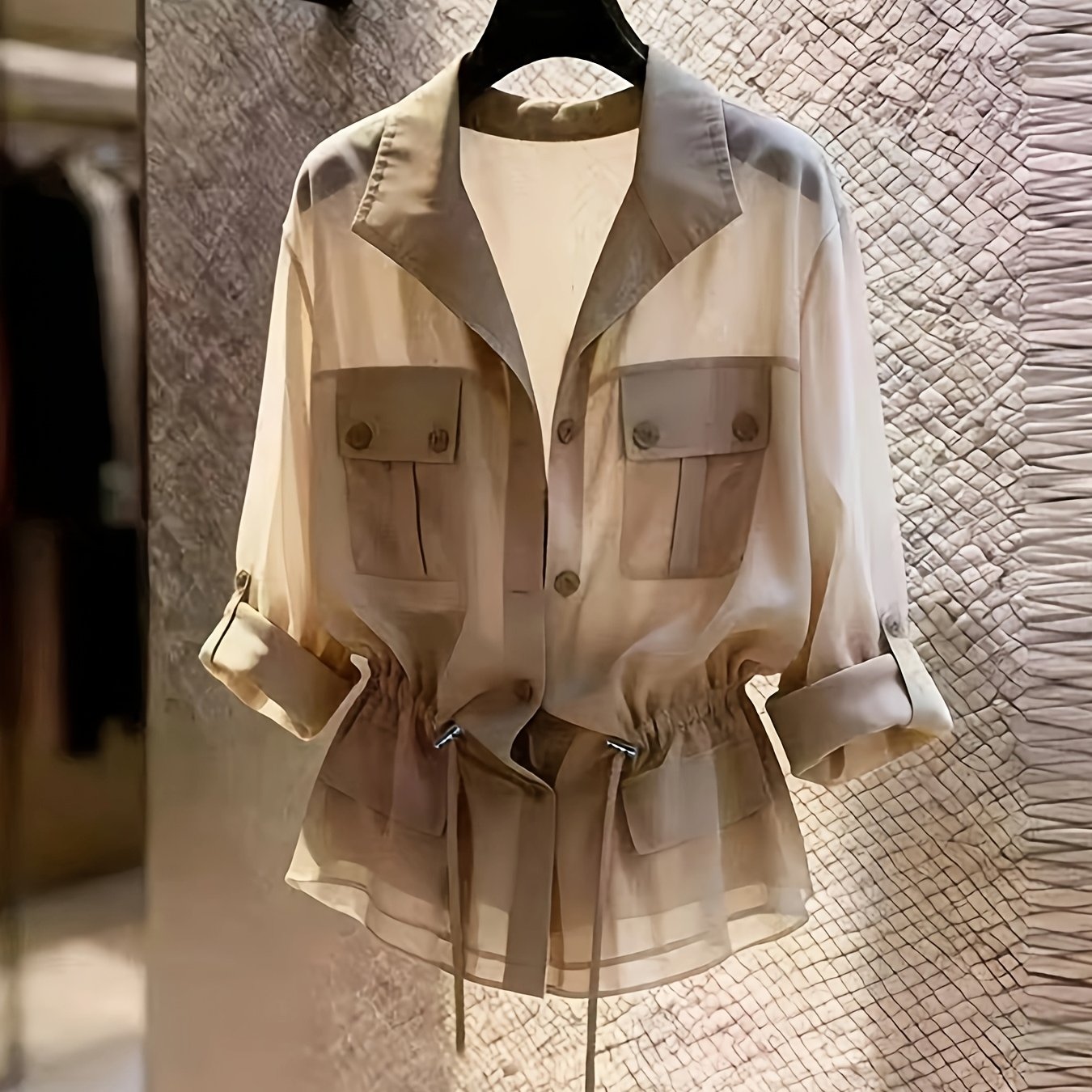 TEMU Drawstring Waist Chiffon Shirt, Lapel Collar With Cargo Pockets
