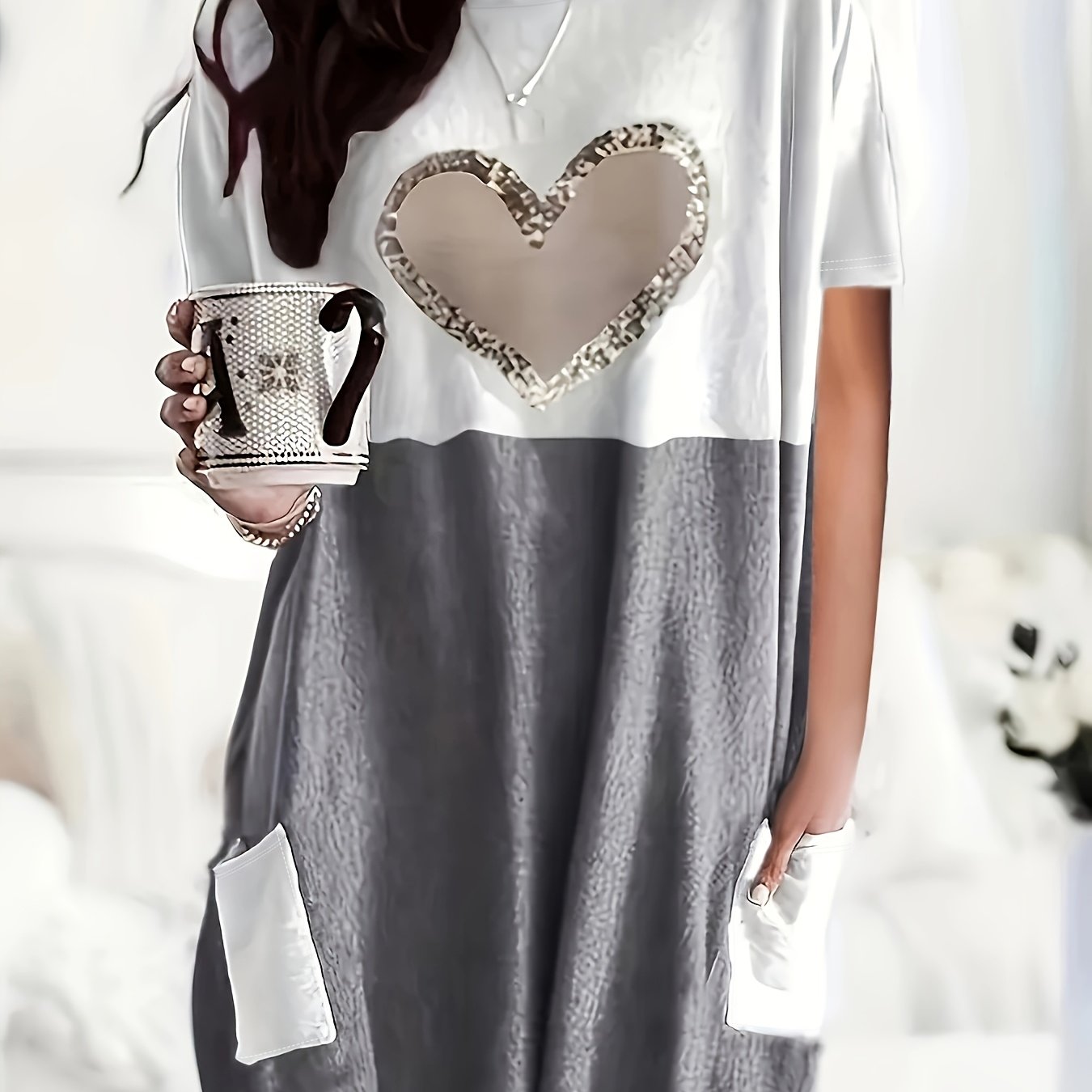 Plus Size, Women's Long Sleeve T-shirt With Heart Print, Round Neck, Loose Fit, Color Block Pockets
