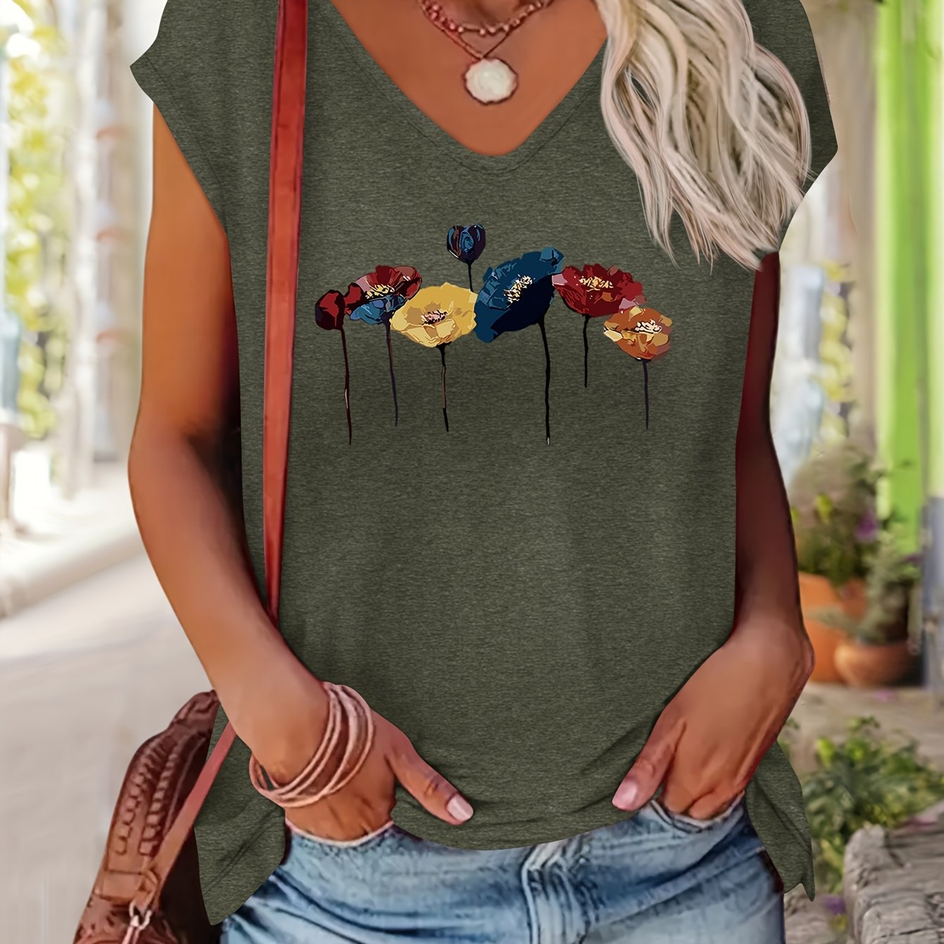 TEMU Colorful Floral Patterned Printed Short-sleeve V-neck T-shirt For Women, Perfect For Casual Beach Vacations And Summer