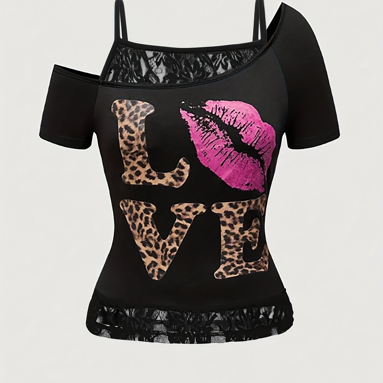 Image of Y2k Women's Love Leopard Print T-shirt, Lace Splicing Off-shoulder Casual Spring/summer Tee A8764-1
