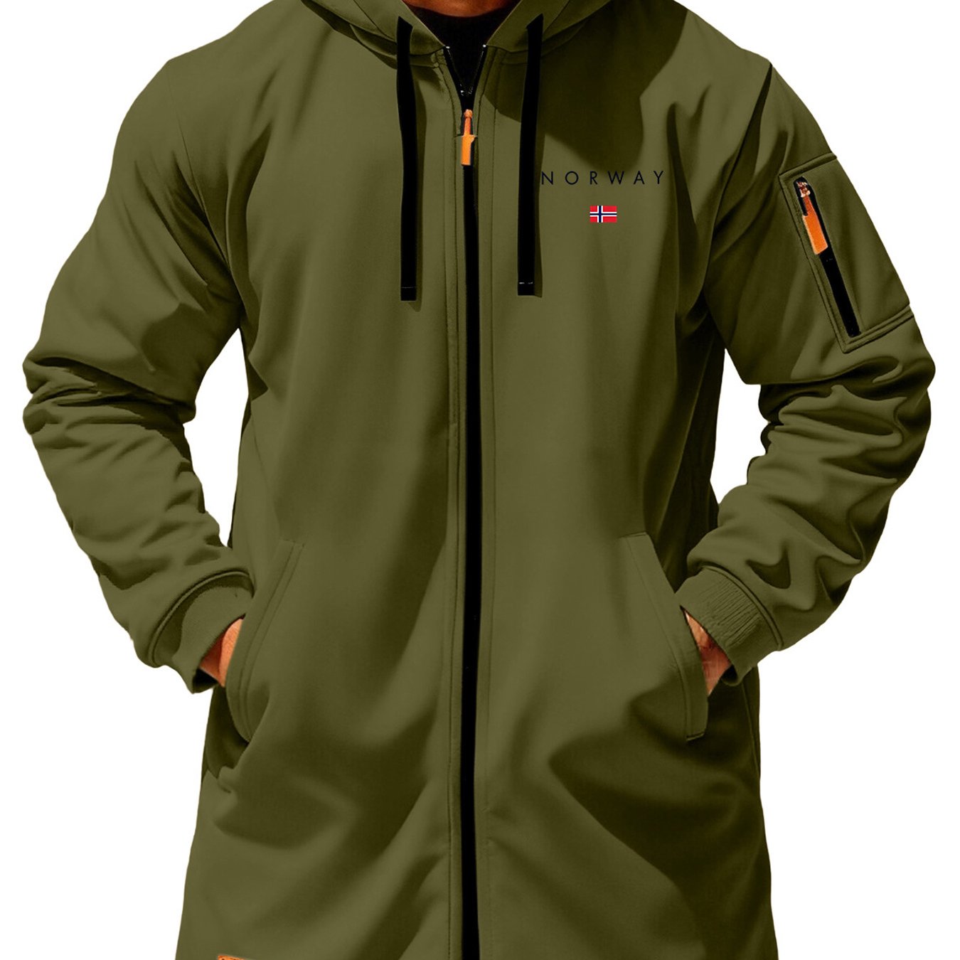 TEMU Men's Hooded Long Trench Coat, Full Zipper Cardigan, Norway Theme Printed Side Arm Zipper Bag  Label At The Hem