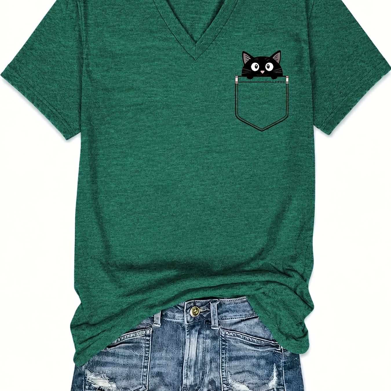Image of 2026 Spring/summer New Women's V-neck Pocket Kitten Print Fashion Summer Cool Short Sleeve Casual Color T-shirt Circle