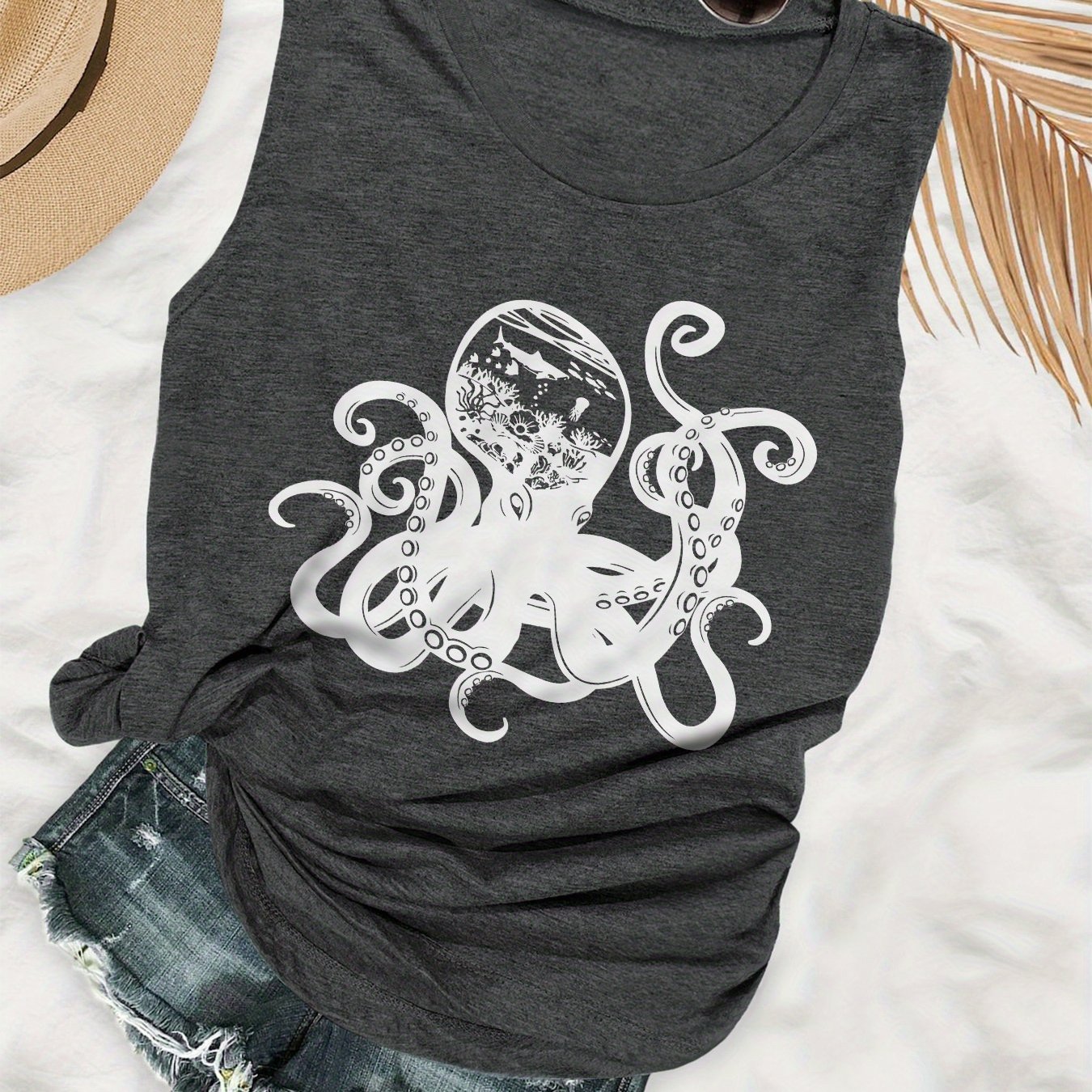 TEMU Octopus Print Tank Top, Sleeveless Casual Top For Summer & Spring, Women's Clothing