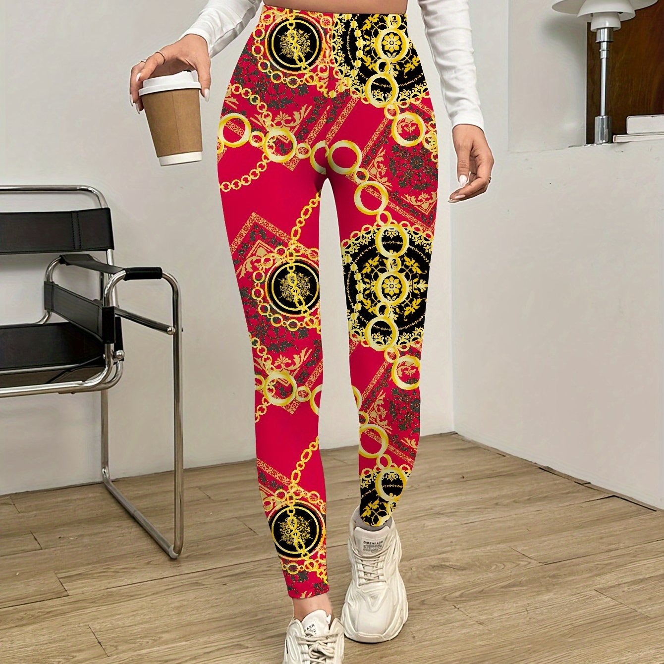 TEMU 1pc Women's Print Leggings - Premium Comfortable Print Polyester Knit Fabric Jeggings For Spring/summer/fall - Adult Fit