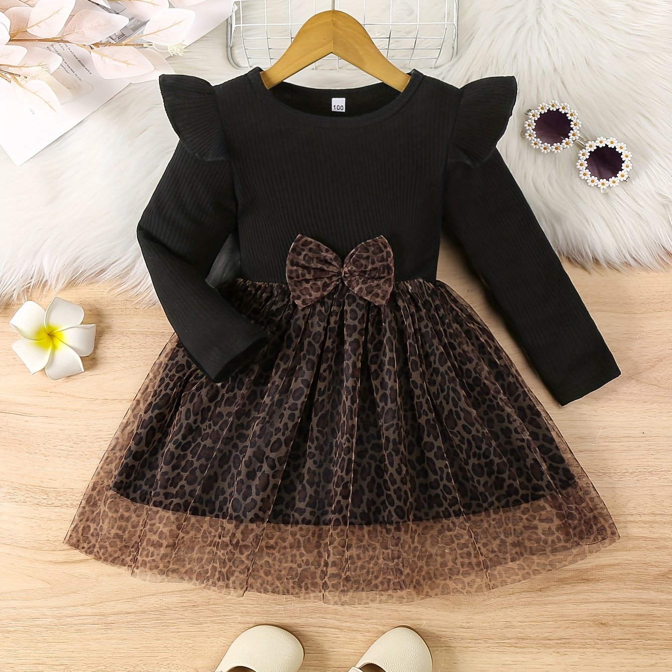 Image of Girls' Fashion Black Long-sleeve Ribbed Leopard Print Mesh Dress, Flowy Sleeves - Knee-length, Breathable Polyester Party Festival Gift Box