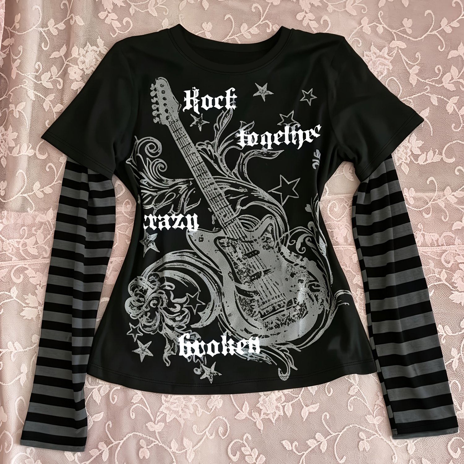 TEMU T-shirt 2-en-1 à manches longues pour femme, style Y2K Punk Rock, haut court coupe slim avec imprimé guitare et vintage et manches éventrées à