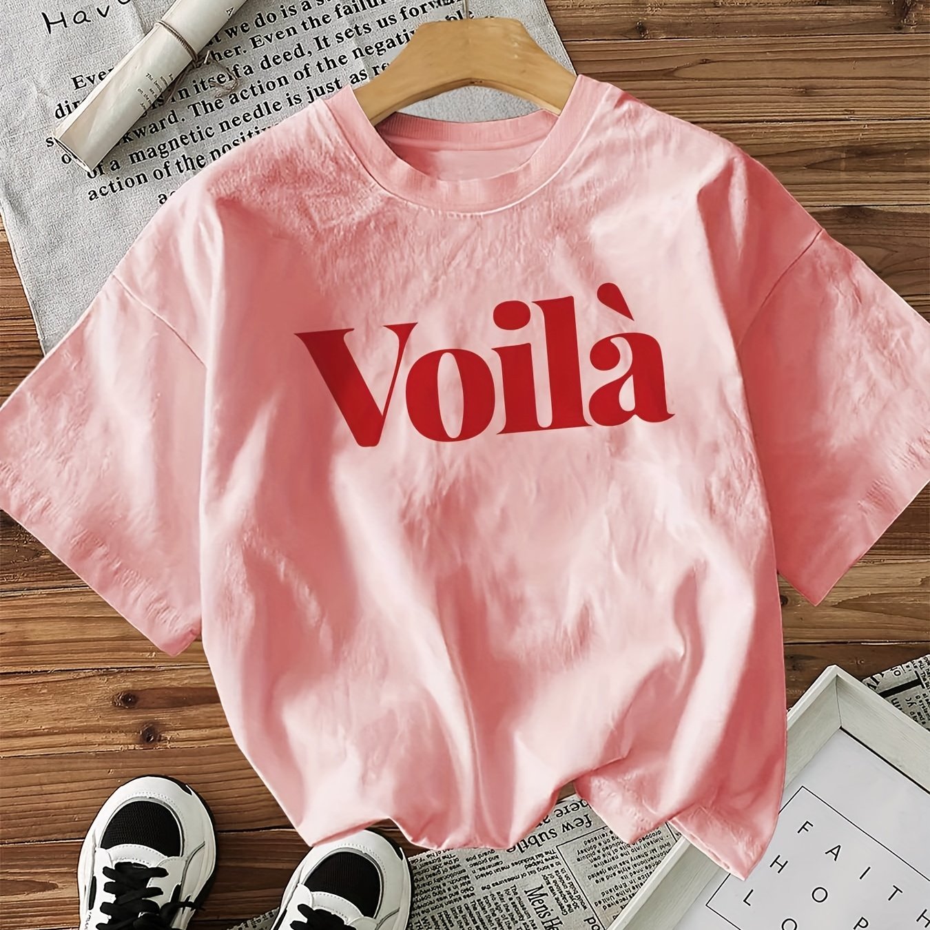 Voila Letter Print Short-sleeve Round Neck T-shirt