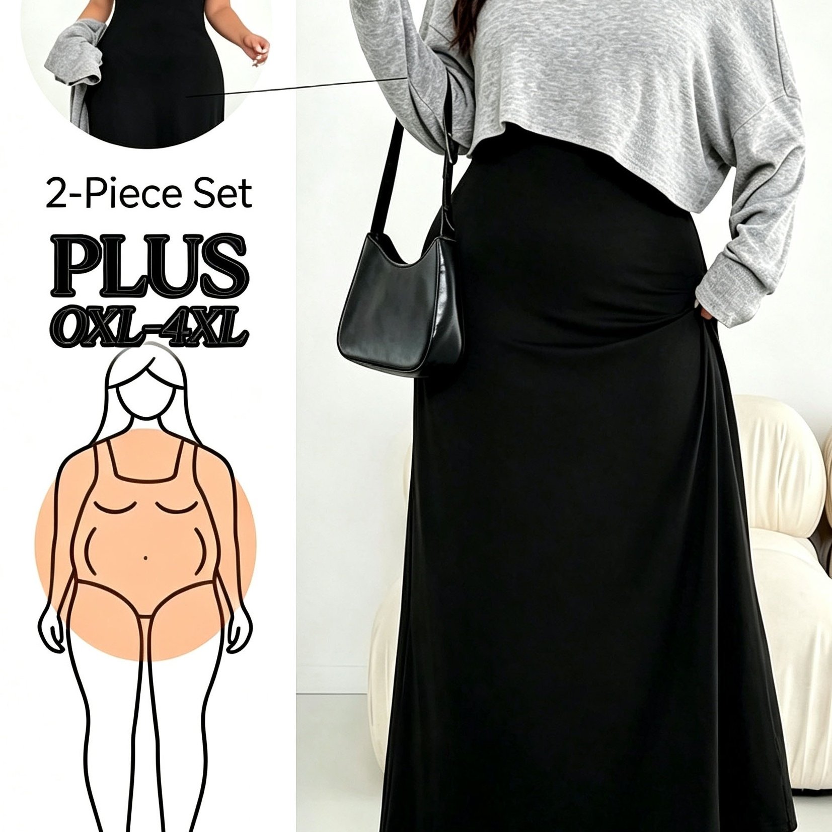 TEMU Plus-size Women's 2pcs Set, Off-shoulder Cropped Long-sleeve Top + Sleeveless Camisole Long-length Dress, Suitable For Vacation, Dates, And
