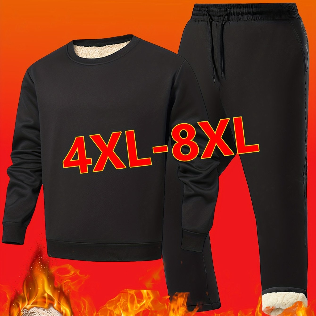 TEMU [4xl-8xl] Super Plus Size Casual Men' Color Athletic Set, Fleece-lined Round Neck Sweater And Fleece-lined Athletic Pants 1set, Winter