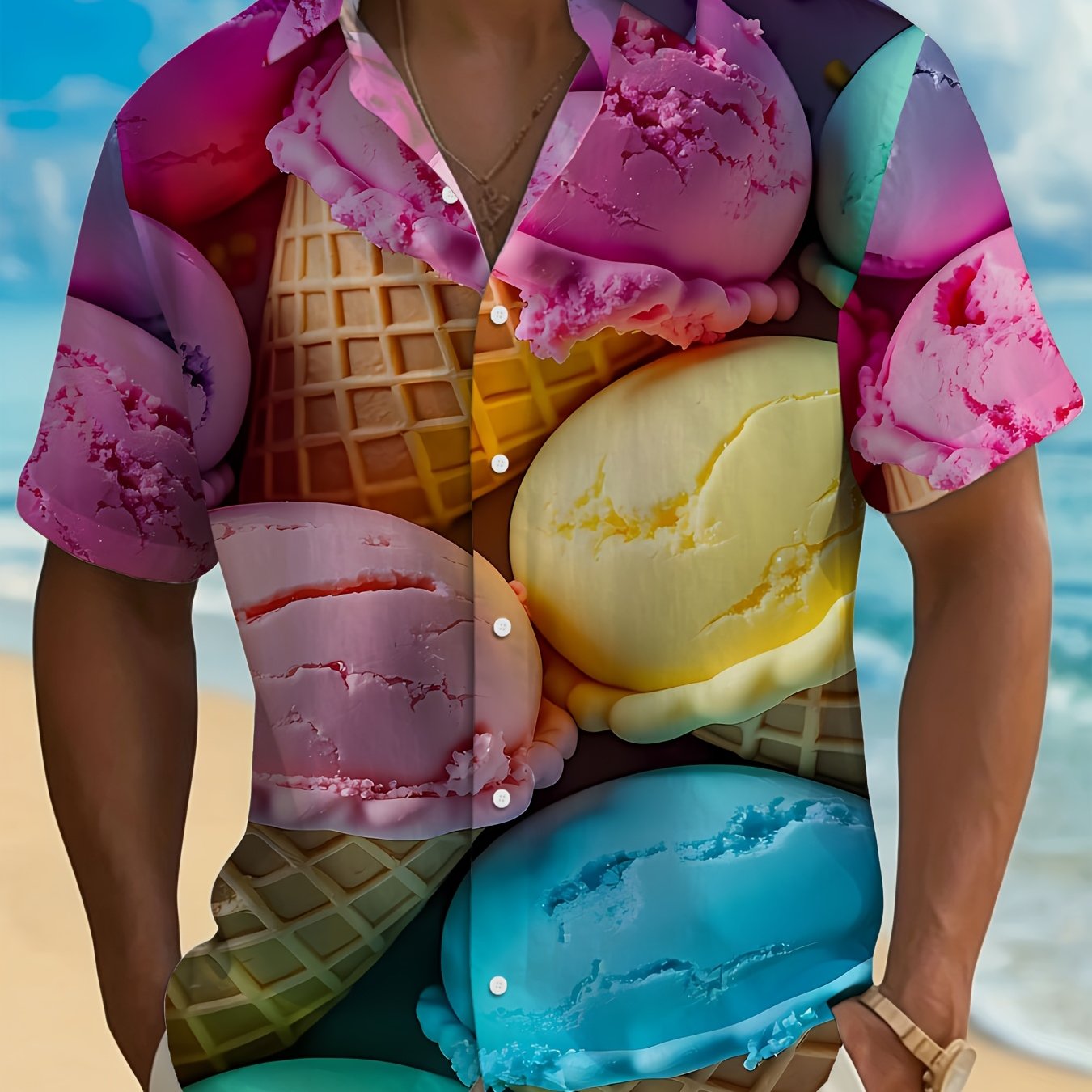 TEMU Hawaiian Style Fashion Men's Short Sleeve Shirt, Trendy Athletic Style Short Sleeve Top, Individual Print Multicolor Ice Cream Sweet , Casual