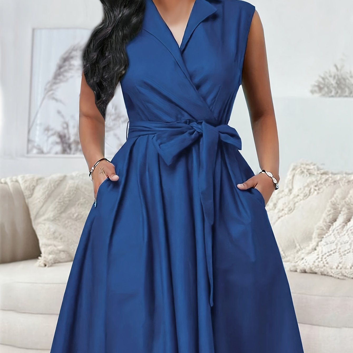 E-shop Elegantes, ärmelloses Damenkleid in Unifarben mit Kragen für den Sommer