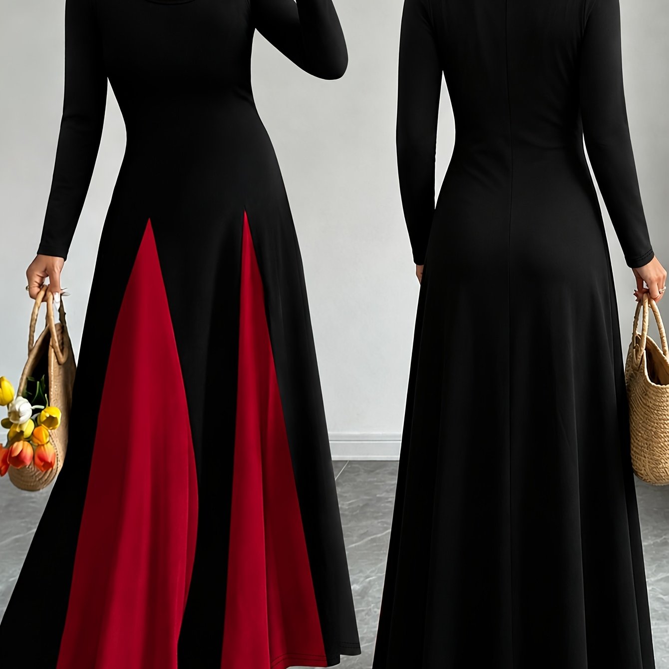 TEMU 2026 Spring/autumn New Women's Fashion Solid Color Long Sleeve Crew Neck Dress With Contrast , Long Flowy Maxi Dress, Slim Fit,