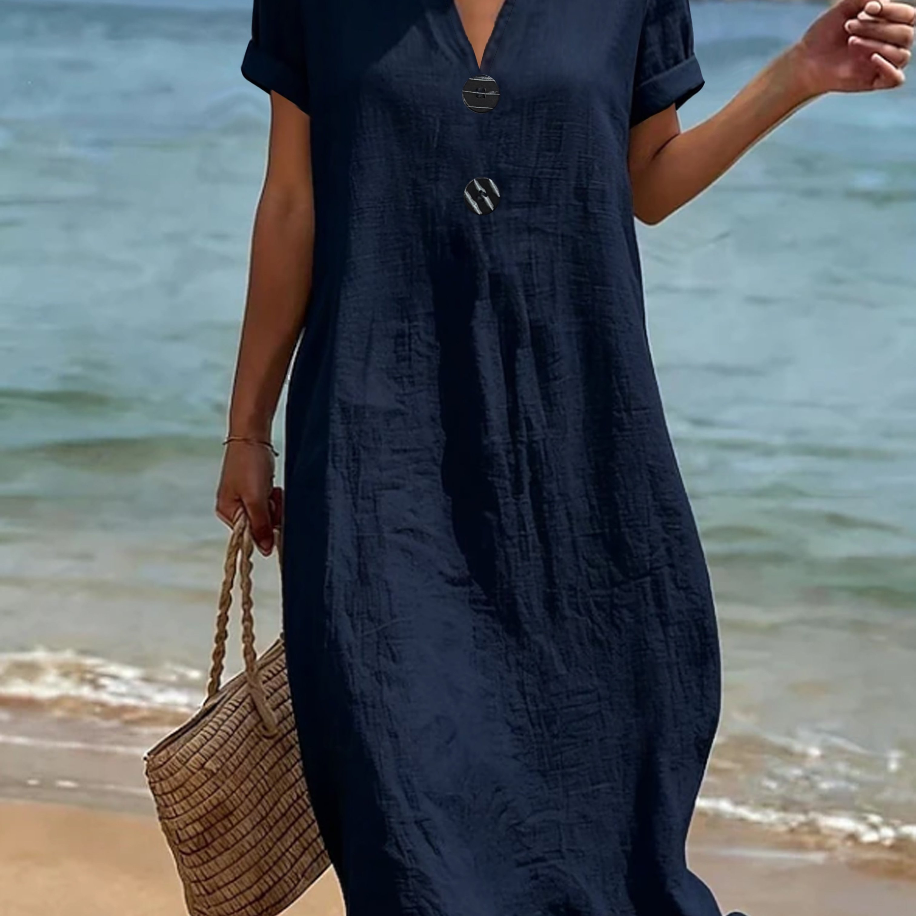 TEMU Summer Loose Solid Color Dress Women's Cutout V-neck Short Sleeve Special Button Decoration Long Dress Loose Breathable Casual Comfortable Beach
