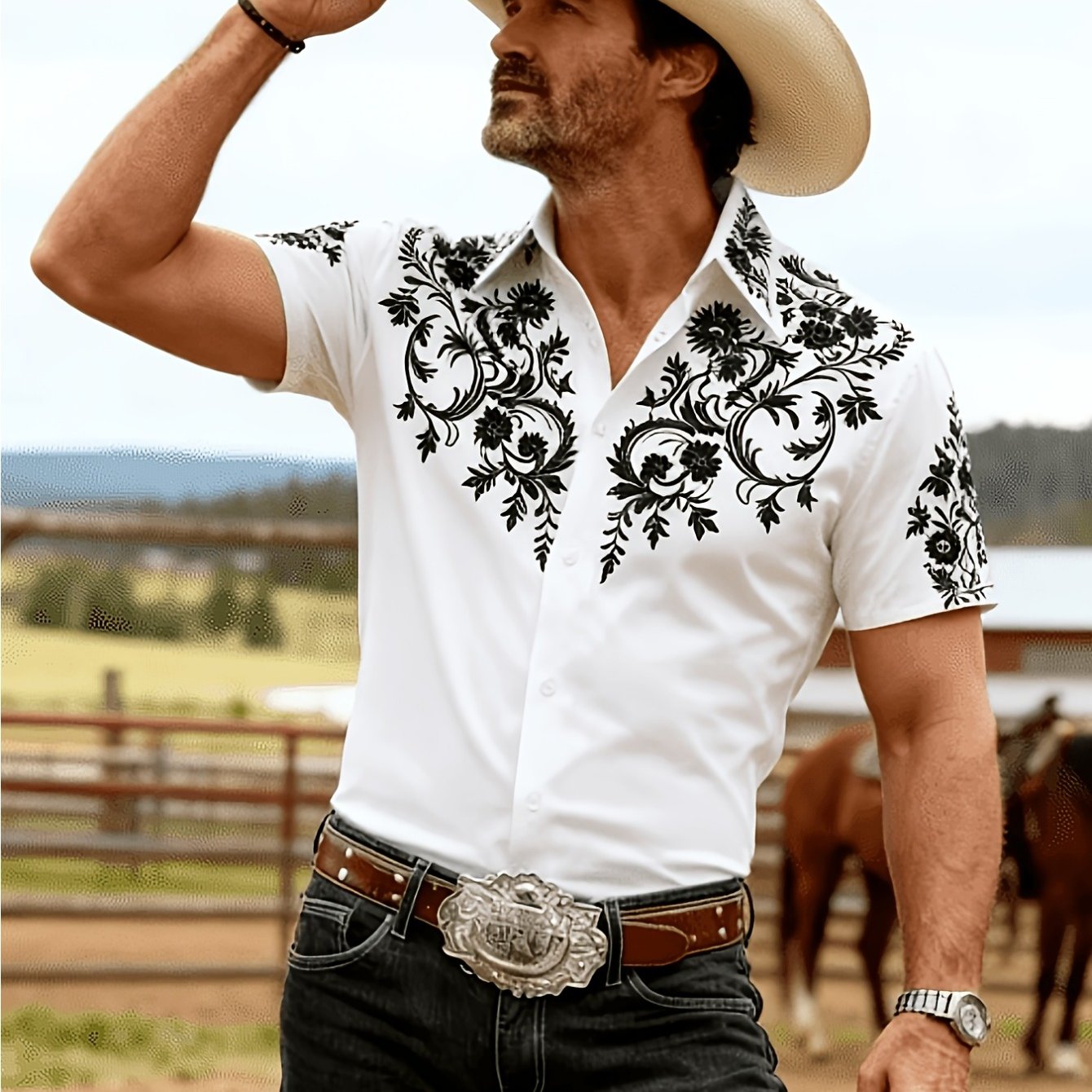 TEMU Men's Vintage Western Cowboy Pattern Print Short Sleeve Shirt, Outdoor Casual Light Statement Wear Suitable For Home, Street , And Beach