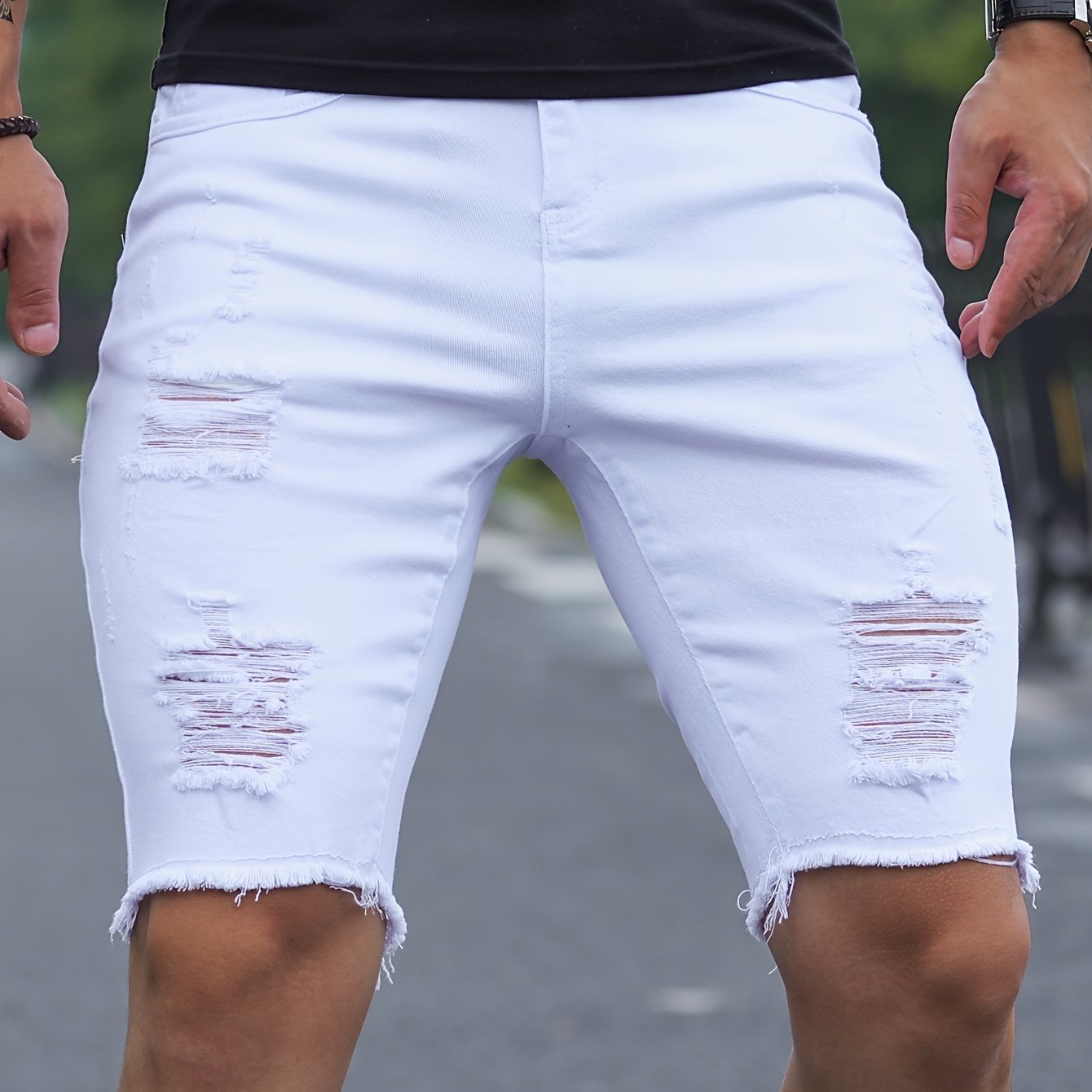 TEMU Ripped Shorts With , Casual Cotton Blend Jorts For Summer Outdoor