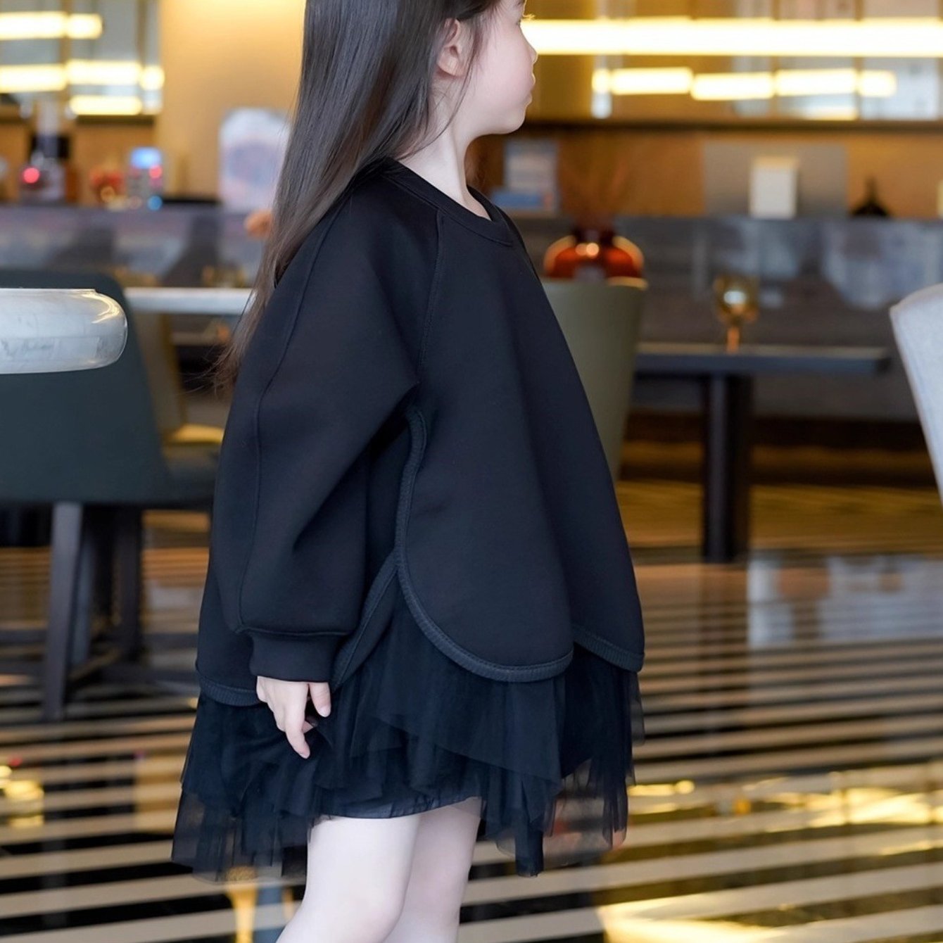 Image of Spring Autumn Elegant Korean Sweatshirt Dress Clothes Girls Trendy Stuff, Solid Drop Shoulder Loose Top With Tulle Skirt 2-in-1 Dress, 3 Colors , Daily Outfit For School, Shopping & Picnic Gathering