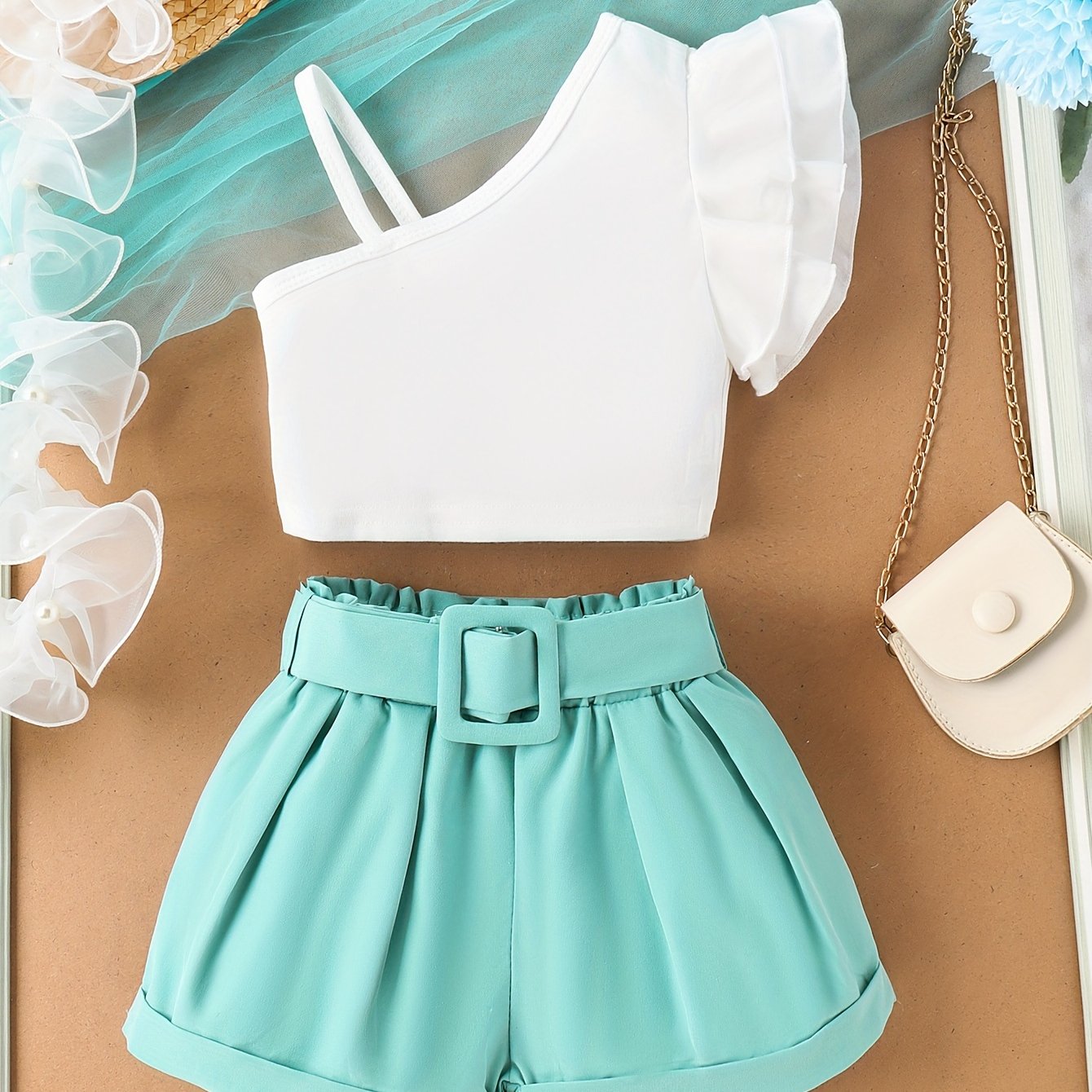 Image of Zt689792 Girls' Fashion 3pcs Set, Off-shoulder Top, Shorts And Belt 3pcs Outfit, For Outdoor