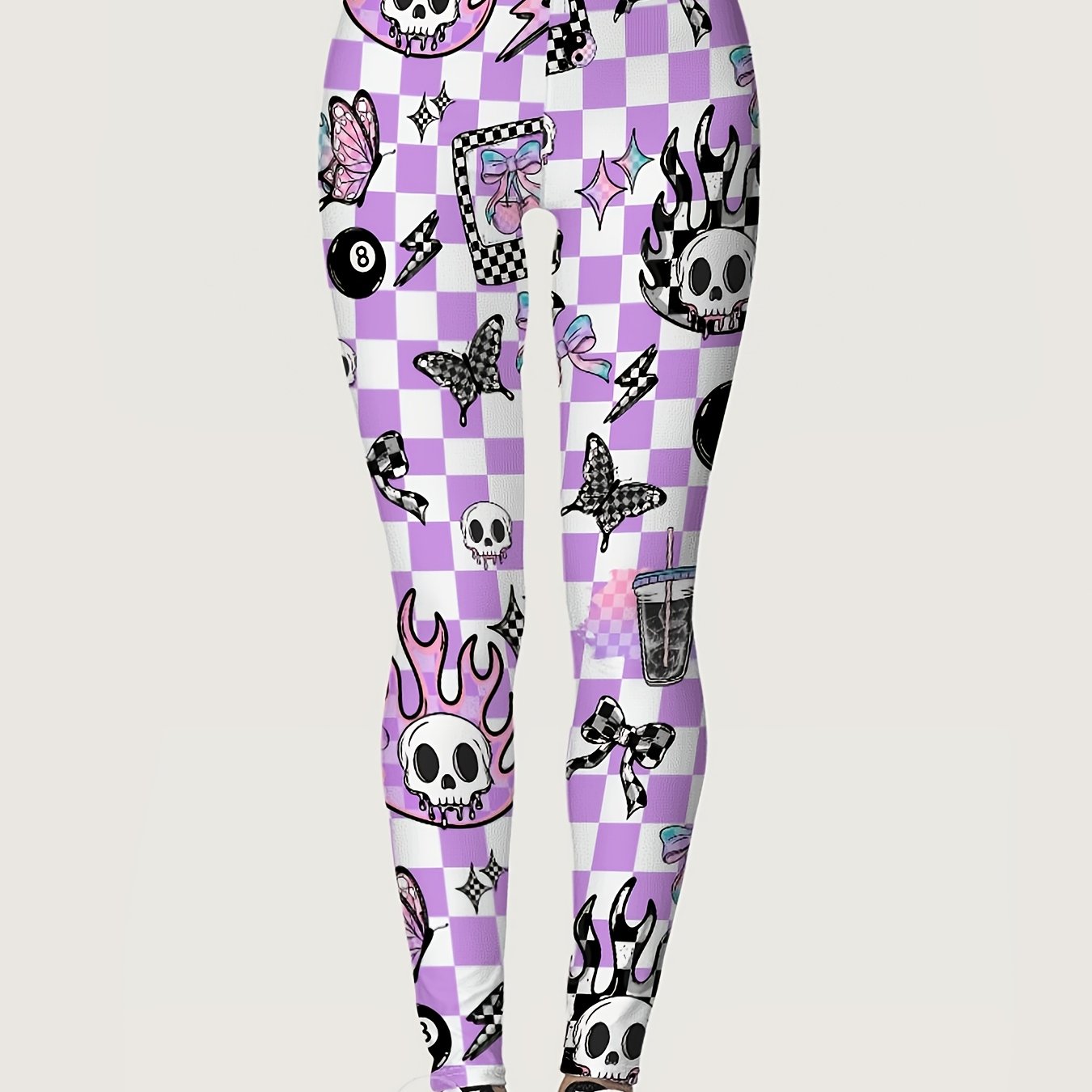 TEMU Women's Gothic-inspired Printed Leggings - , Stretchy, And Comfortable With Black & Purple Checkered Patterns, Perfect For Casual Wear, Casual