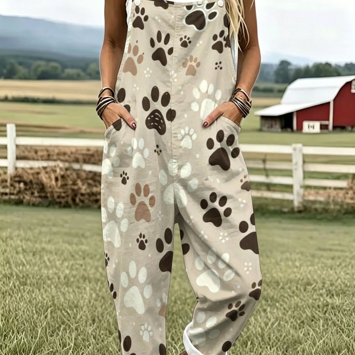TEMU intégrale pour femme à imprimé pattes d'animaux - Pantalon manches à boutonnage sur le devant avec poches, coupe ample et bretelles arrière,