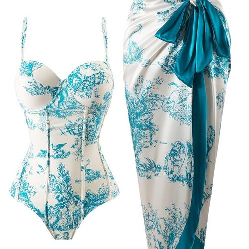 sunscreen suit light blue printed fish tail style fit retro elegant beach vacation two piece swimsuit for women