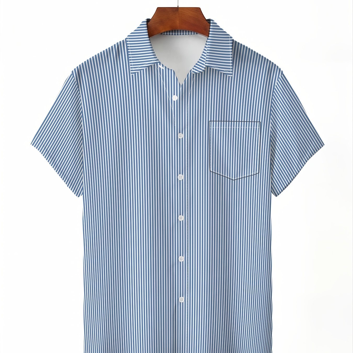 TEMU Plus Size Regular Blue And White Striped Short-sleeve Shirt