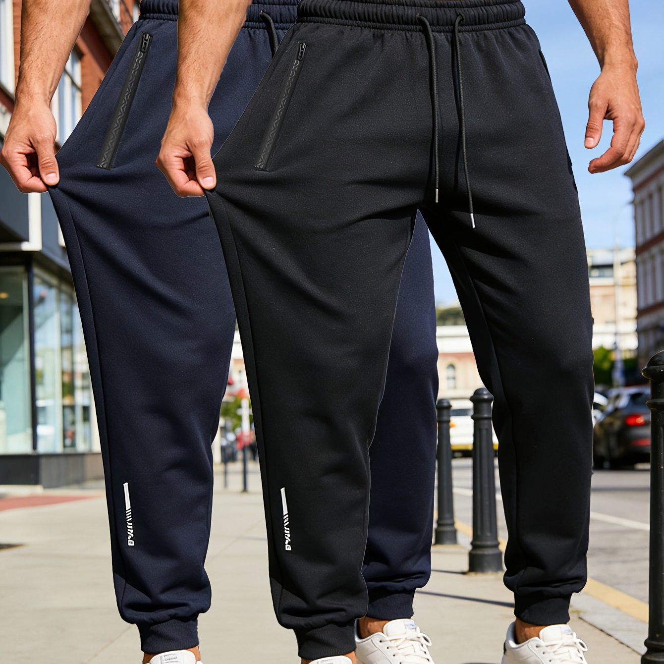 TEMU Men's Casual Sweatpants 2-pc | Zipper Pockets, Drawstring, Letter Print, Solid Color Jogger Pants, Suitable For , Fitness And Outdoor Activities