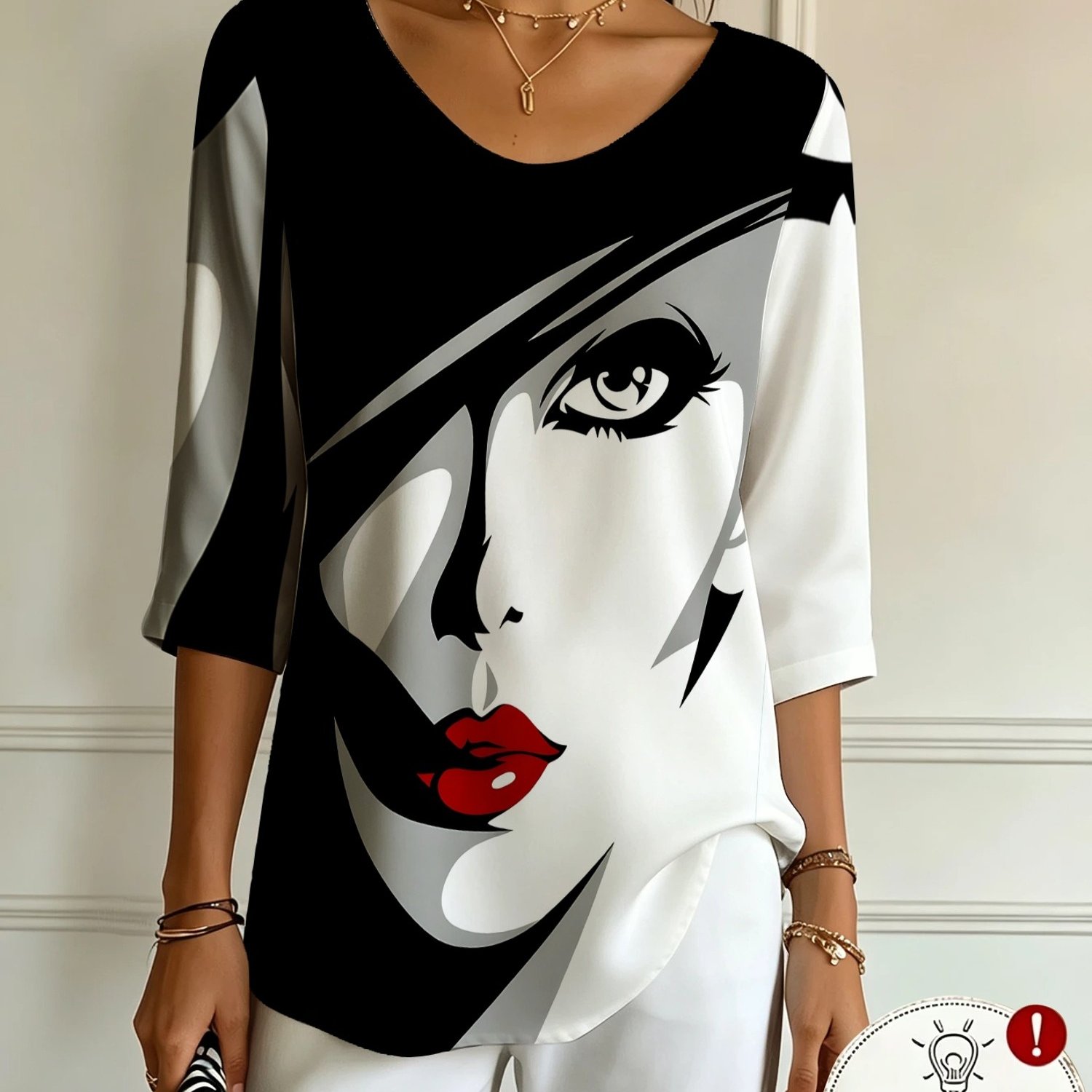 TEMU Women's V-neck Three-quarter Sleeve Top With Abstract Face Portrait Print, Modern , An Top For Daily [printed Design – Not Textured]