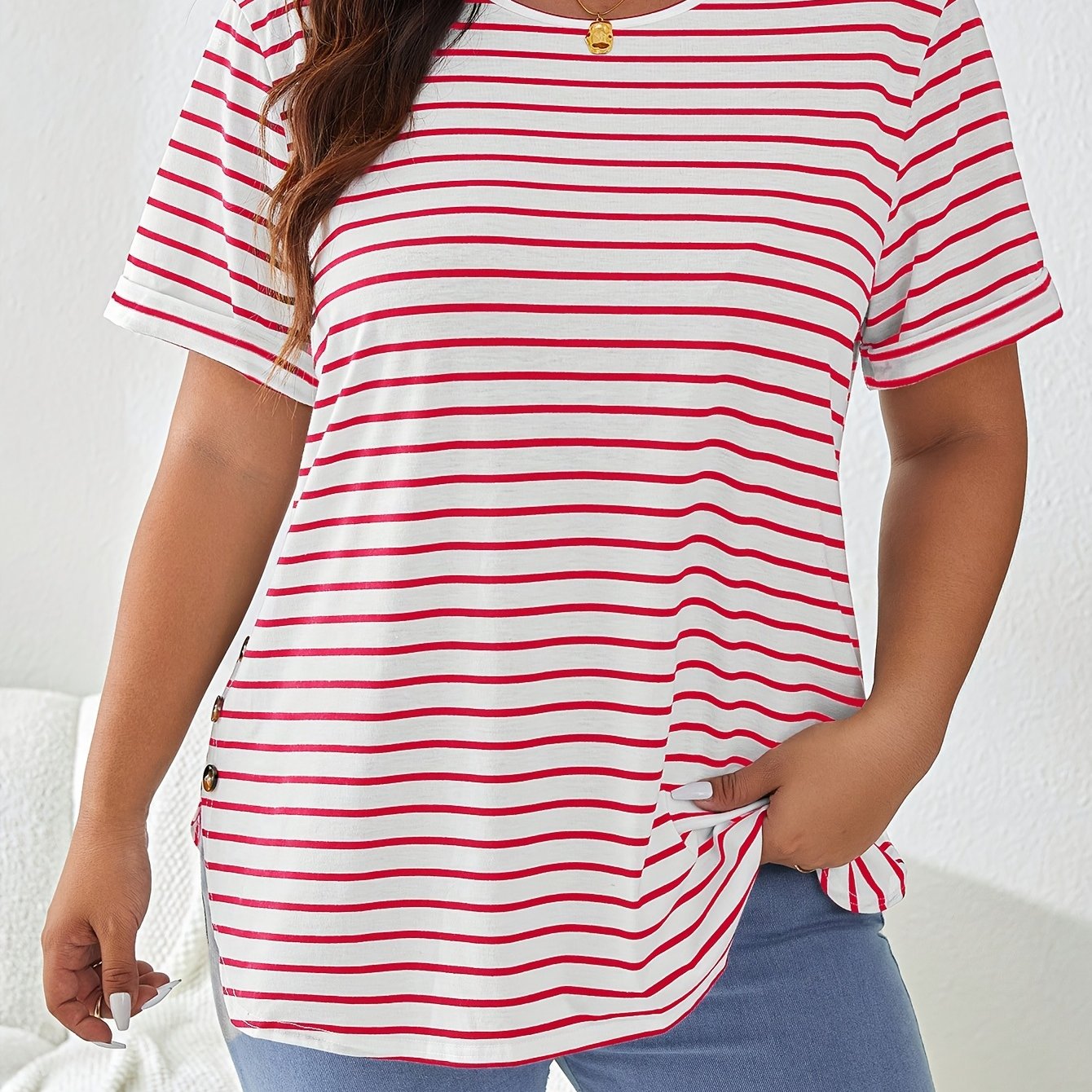 Summer Plus Size Women'-tone Striped Casual Short Sleeve With Buttons, Curved Hem