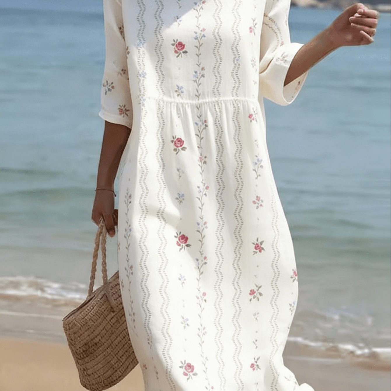 Image of Women's Casual Round Neck Mid-sleeve Printed Dress, Floral Midi Dress, Summer French Style Cottagecore Dresses For Women