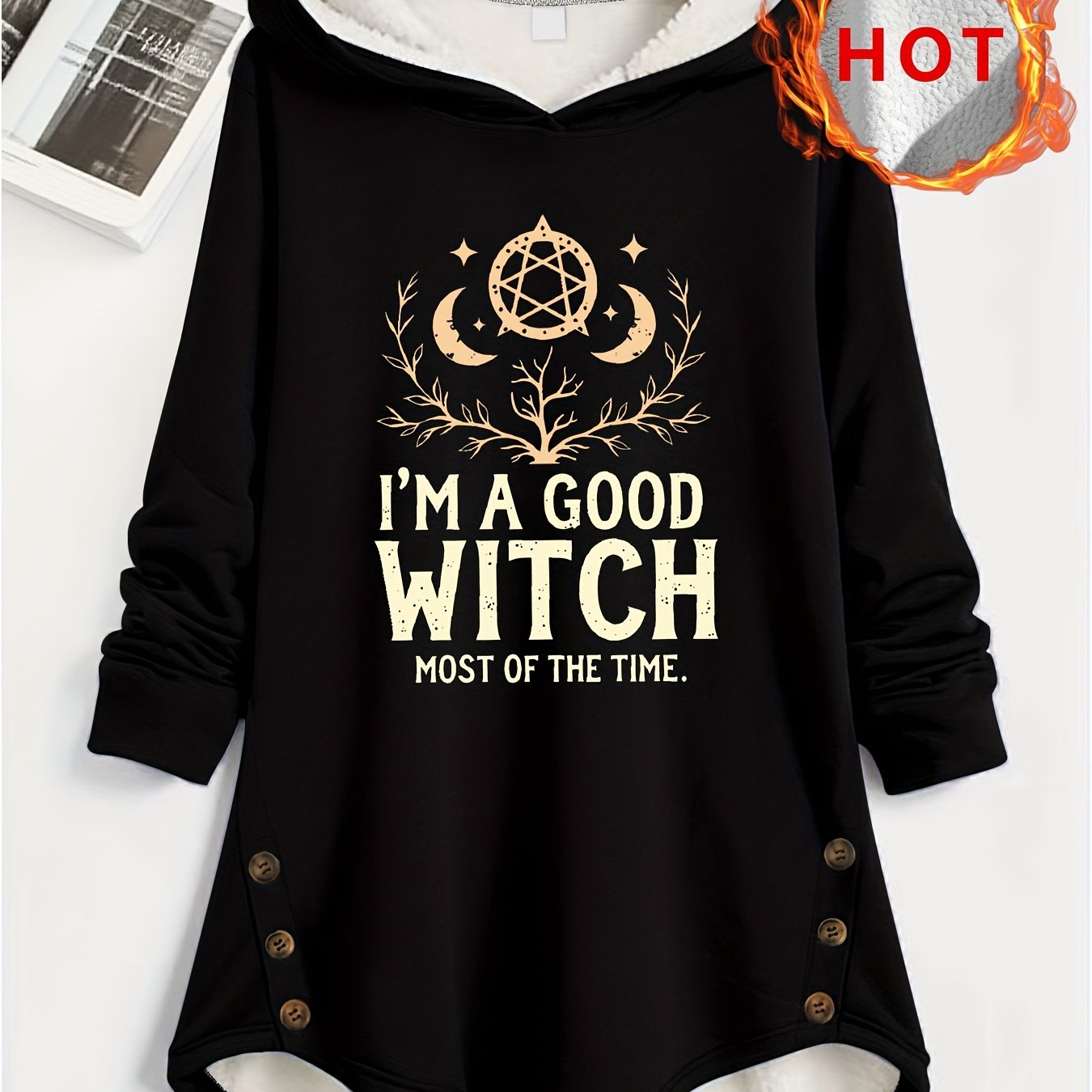 TEMU Plus Size, -lined Button- Size Women's Autumn/winter Warm Black Hooded Jacket, Lined Hood, Hooded Sweatshirt With Graphic Print, | Machine