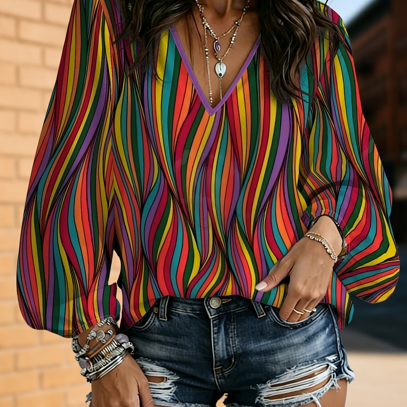 TEMU Fashionable Casual Women's Long-sleeve V-neck T-shirt, Comfortable And Breathable, With Colorful And Fluid Wavy Stripes, Vintage Style, A Piece