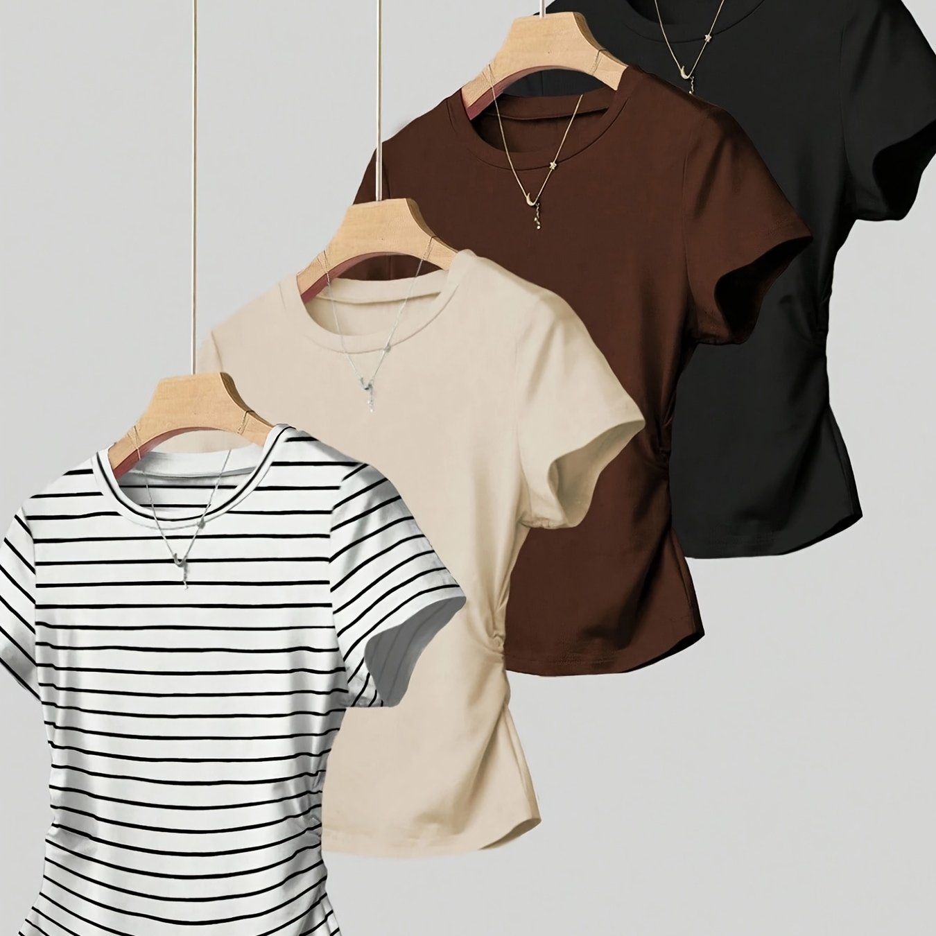 TEMU New 4pcs Set Women's Trendy Versatile Tummy Control Square Shoulder Short Sleeve Round Neck T-shirts
