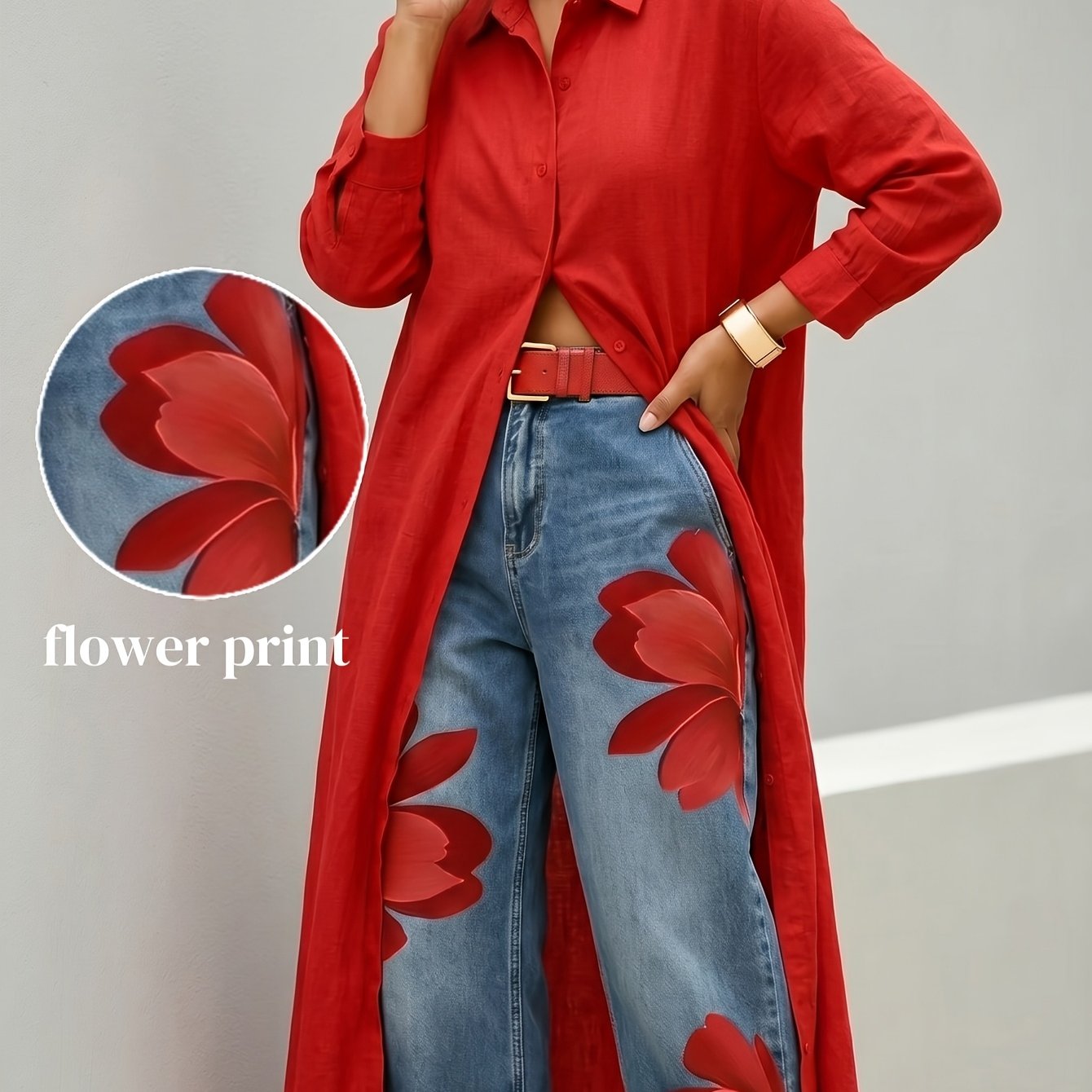 TEMU Women's Red Floral Print Wide Leg Cropped Jeans - Vintage Washed Bohemian Trousers, Statement Wide Leg Pants