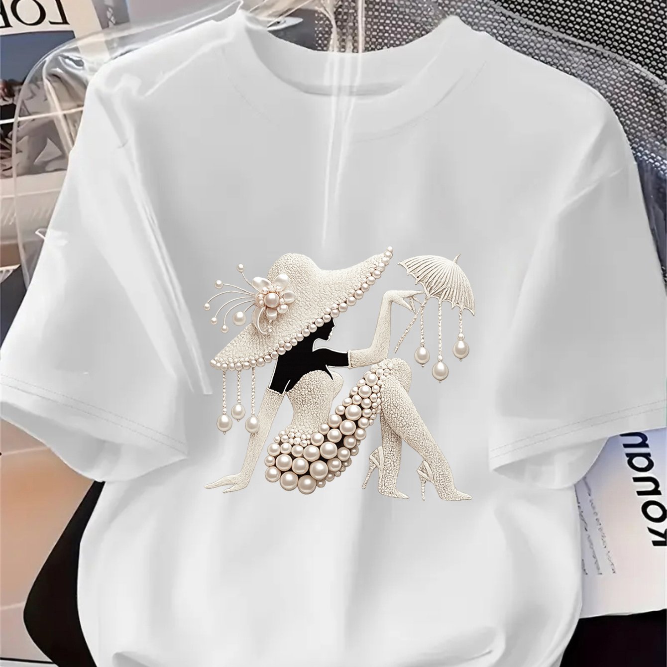 TEMU Plus Size - Plus Size - 1pc Women's Pearl Hat Printed Pattern T-shirt, Spring Summer Fashion Short Sleeve T-shirt, Trendy Versatile , Gift For