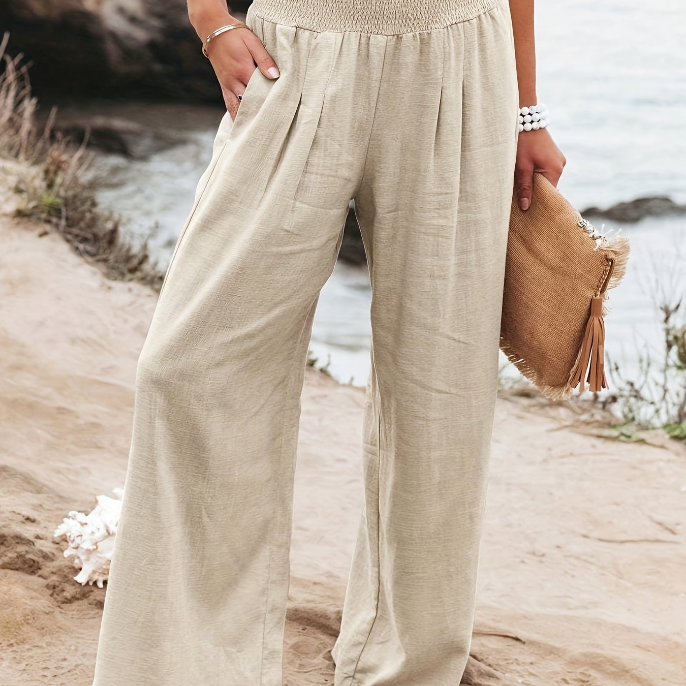 TEMU Pantalones de Pierna Ancha para Mujer con Cintura Elástica - Color Sólido, Ideales para /Verano, Estilo Casual, Lavables a Máquina, Perfectos