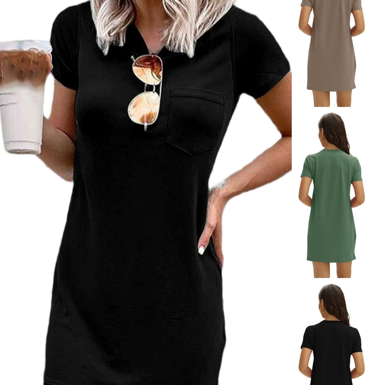 Image of Women T Shirt Dress Summer Fashion Mini Dress Crew Neck Short Sleeve Dress Solid Color Casual Dress With Pocket