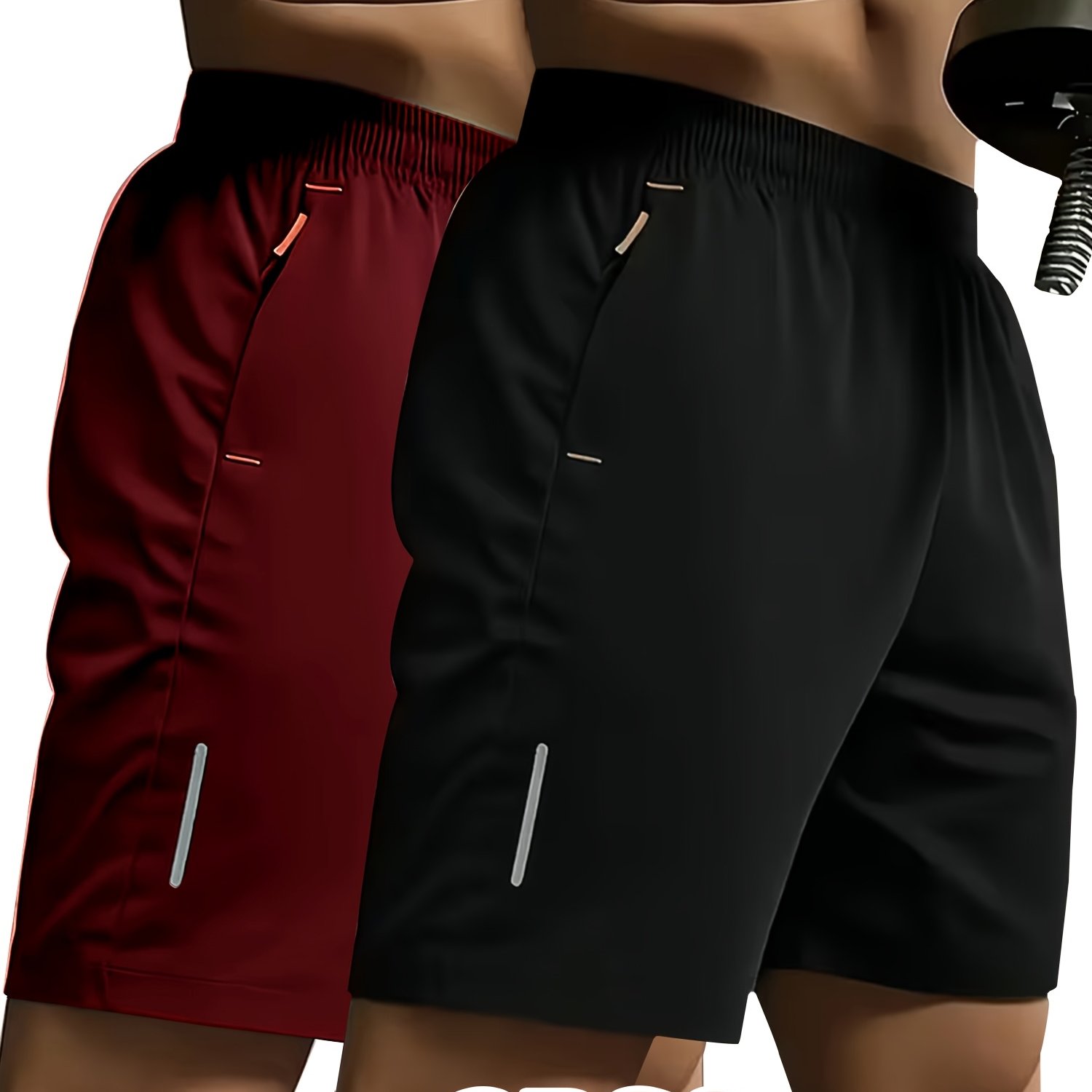 TEMU 2pcs Mixed Shorts Set, Men's Sporty Casual Shorts With Reflective Strip Print Design, Dual-side Zipper Pockets, Comfortable Breathable Polyester