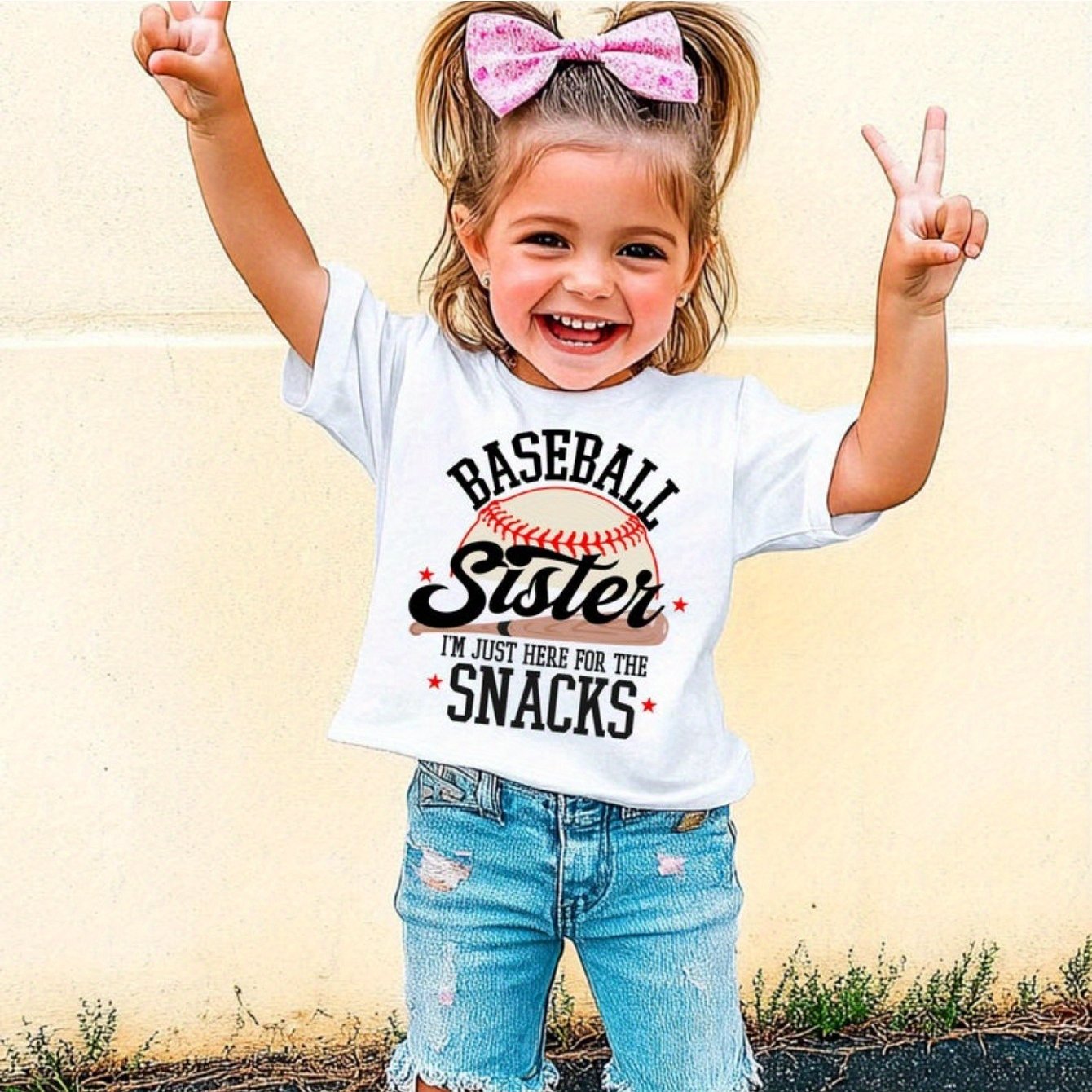 Girls' Clothing T-shirt - Printed With Baseball Sisters Pattern - From Mom And Dad, Breathable And Comfortable Round-neck T-shirt, Machine Washable