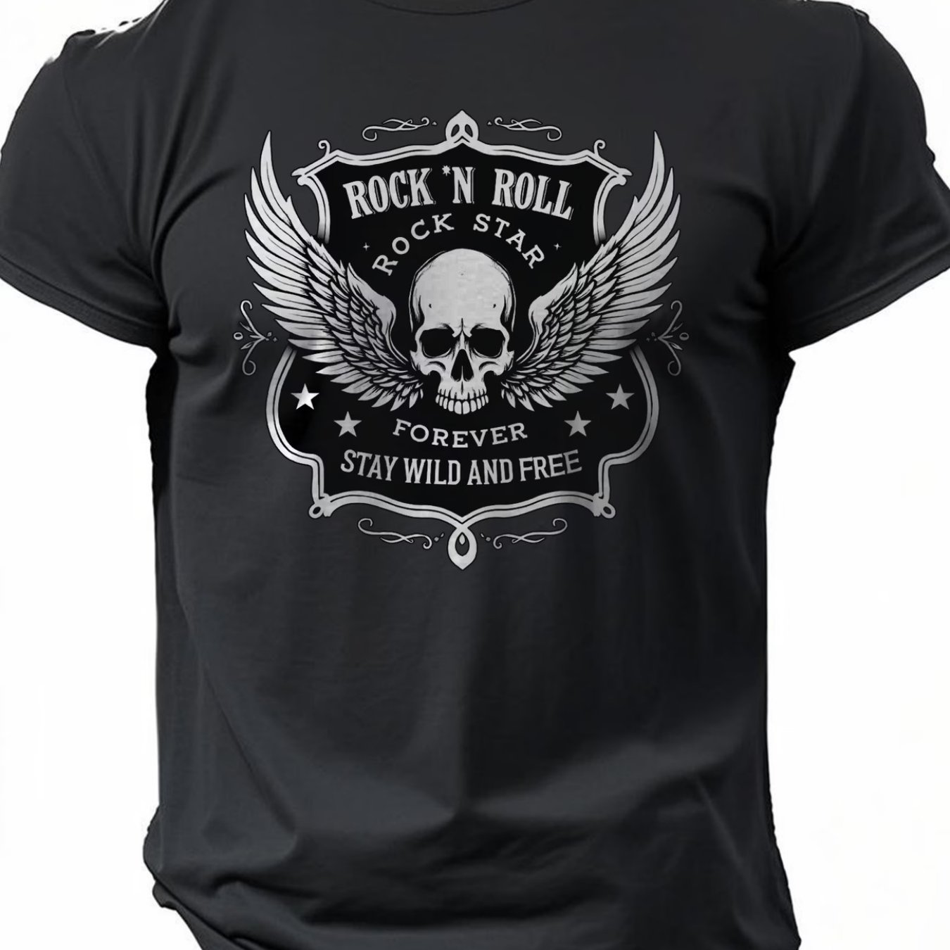 TEMU Men And Women Skull And Rock T-shirt, Round Neck, Decorated With Skull Wing Pattern And '' Slogan - Punk Rock Fan T-shirt, Unisex, Value, Trendy