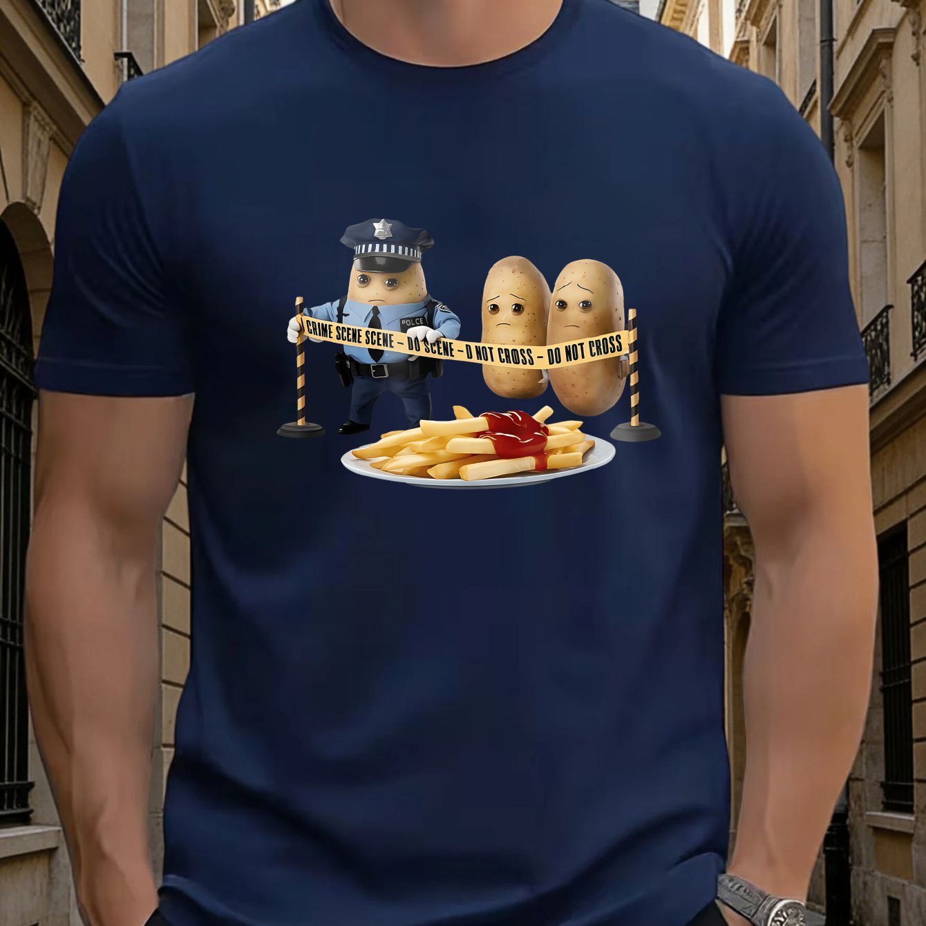 TEMU Humorous Graphic Tee For Men Featuring A Potato Police Theme, Perfect For Casual Summer With A Fun Street , Complete With Fries And Ketchup
