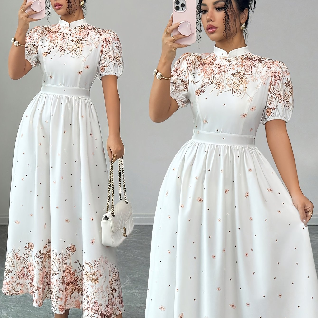 TEMU /summer Chinese- Collar Gentle Floral Print Dress For Women, Waist-cinching Puff Sleeve Long Dress, Gentle Style Temperament Dress
