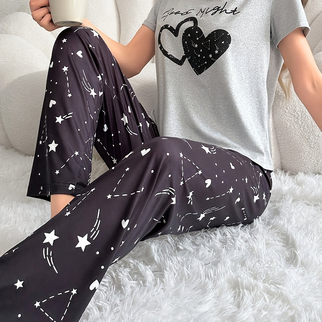 TEMU Heart & Star & Letter Print Pajama Set, Casual Short Sleeve Round Neck Top & Elastic Pants, Women's Sleepwear