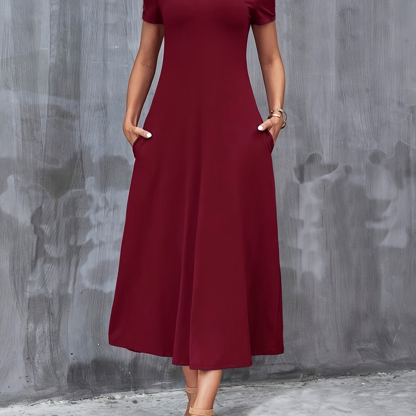 TEMU Women's Casual V-neck Short Sleeve A-line Dress With Pockets - Solid Color, Medium Stretch, Machine Washable, Versatile Wear For Everyday &