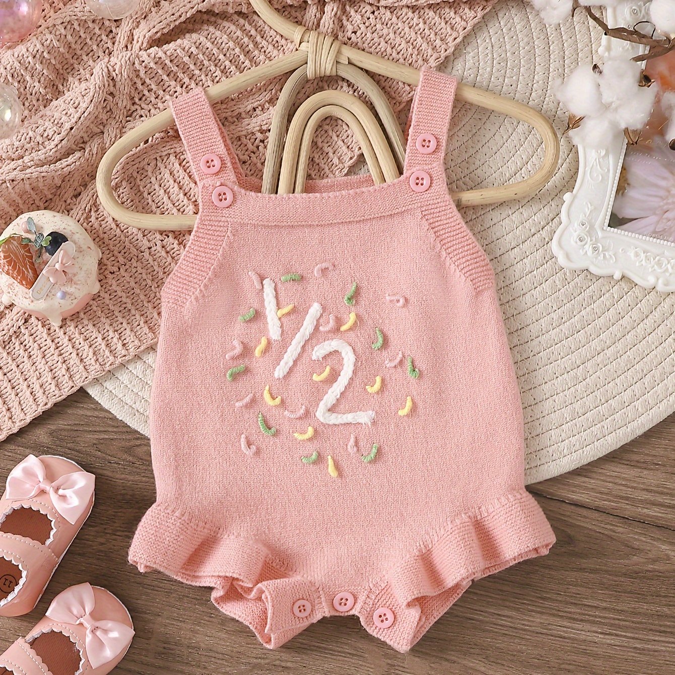 Image of Baby Girls' Fall Winter Half-letter Jacquard Half-year-old Suspender Triangle Bodysuit Sweater