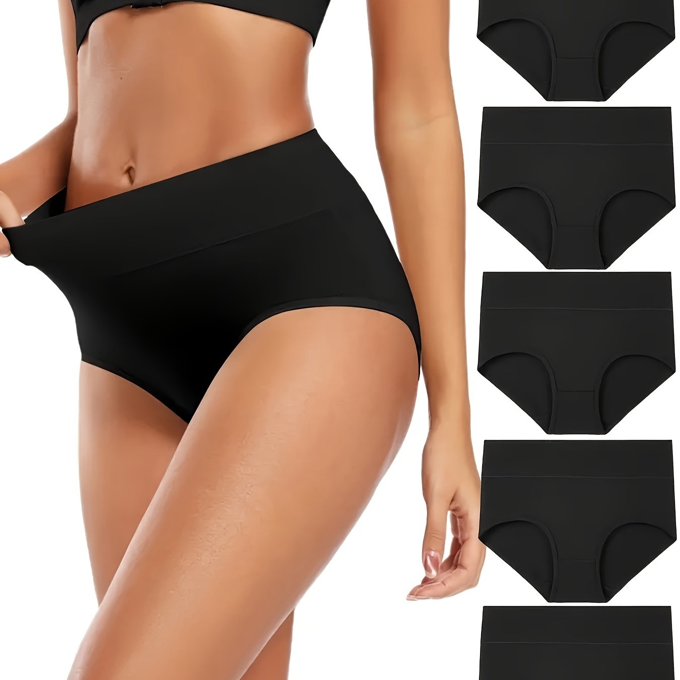 Image of 5 Packs High Waist And High Bounce For Women Briefs, Black Comfy Breathable Stretchy Intimates Panties, New Autumn And Winter Style Women Triangle Pants