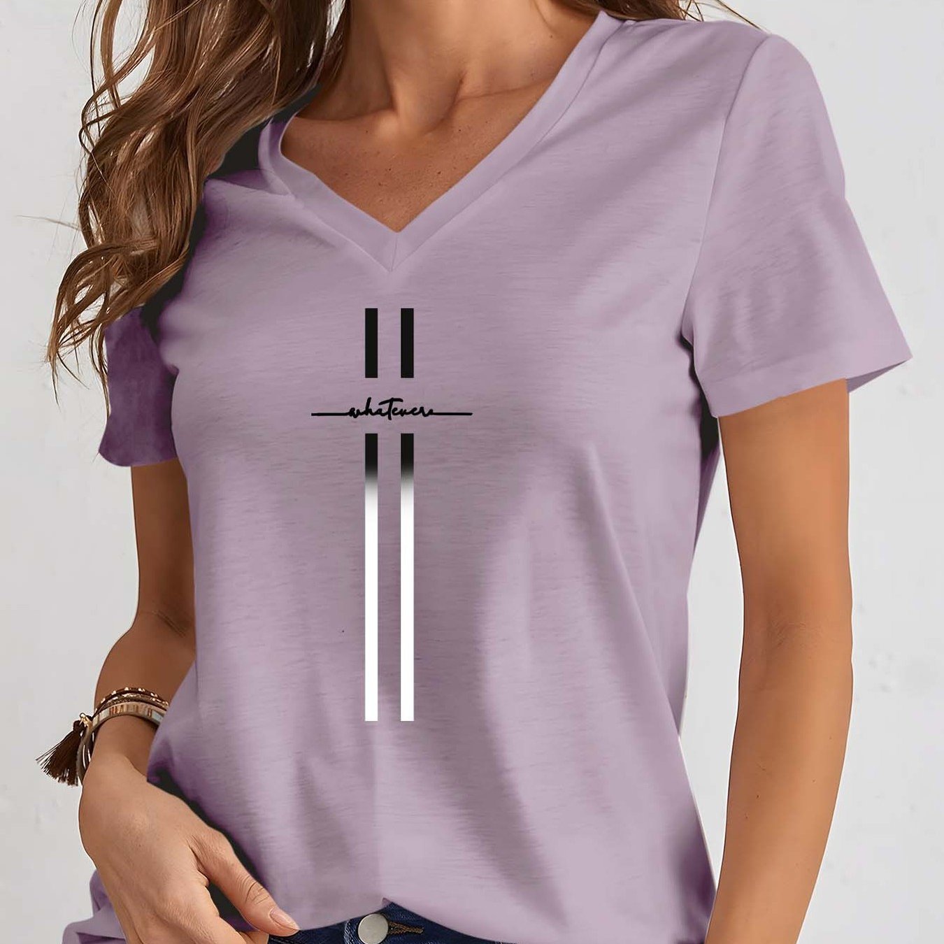 TEMU Women' Purple V-neck Short Sleeve T-shirt With Geometric Print - Casual Spring/summer Top, Elegant Detailing, Regular Length, For Casual Attire,