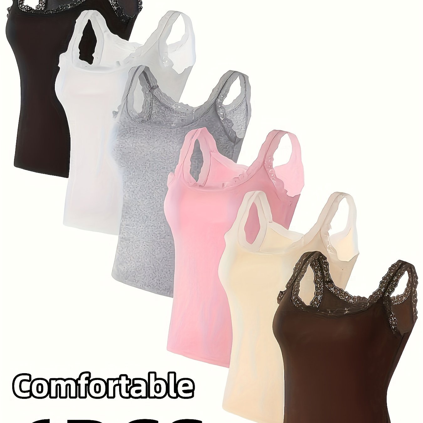 6pcs Lace Vest Set, Round Neck Spring Summer New Style, Color-block Comfortable Versatile Top, Worn Outside, Suitable For , Women's Base Layer