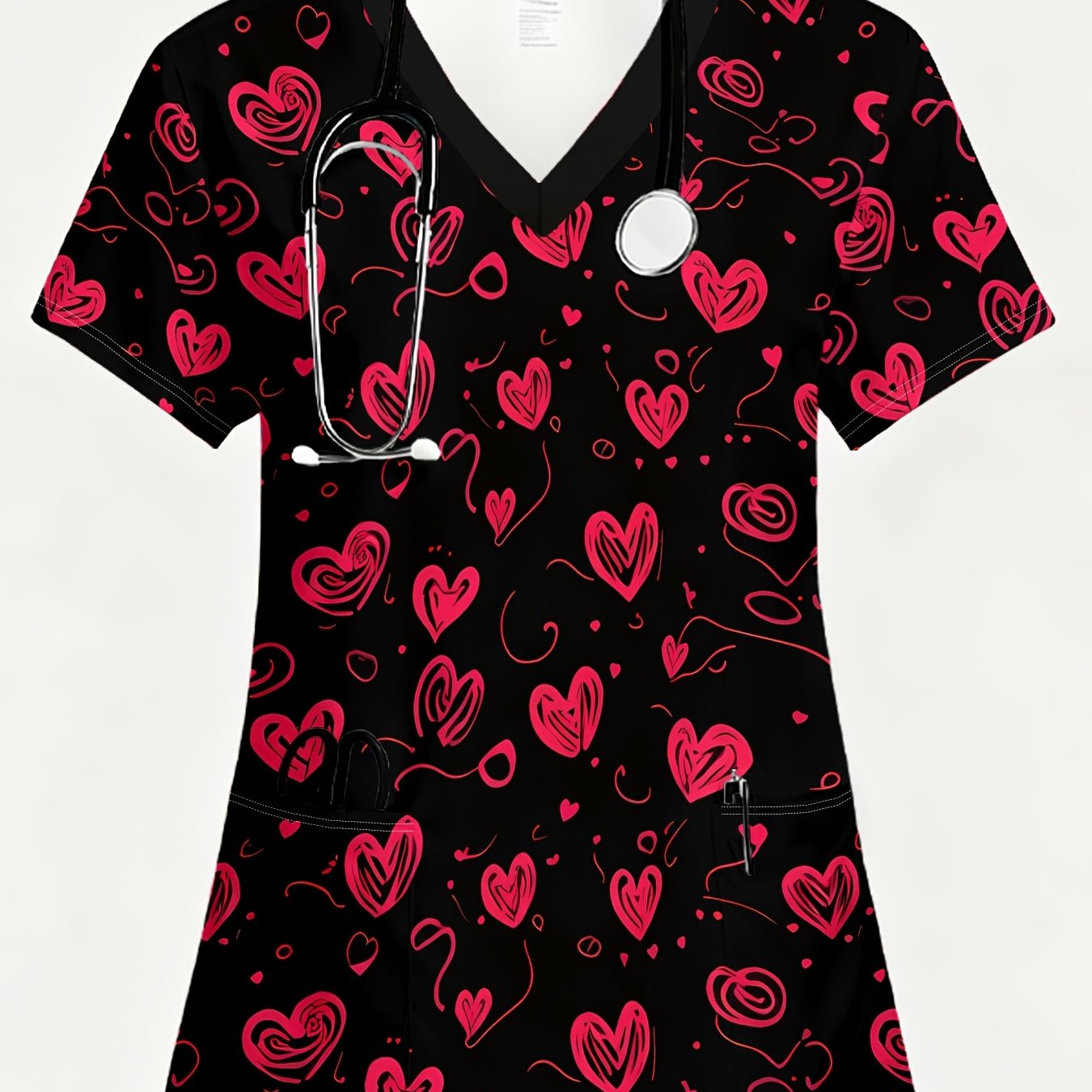 TEMU Women's V-neck Short-sleeve T-shirt, Style, , Comfortable Work Top, Cute Print, Pattern On Black Background, With Front Pocket, Fabric: