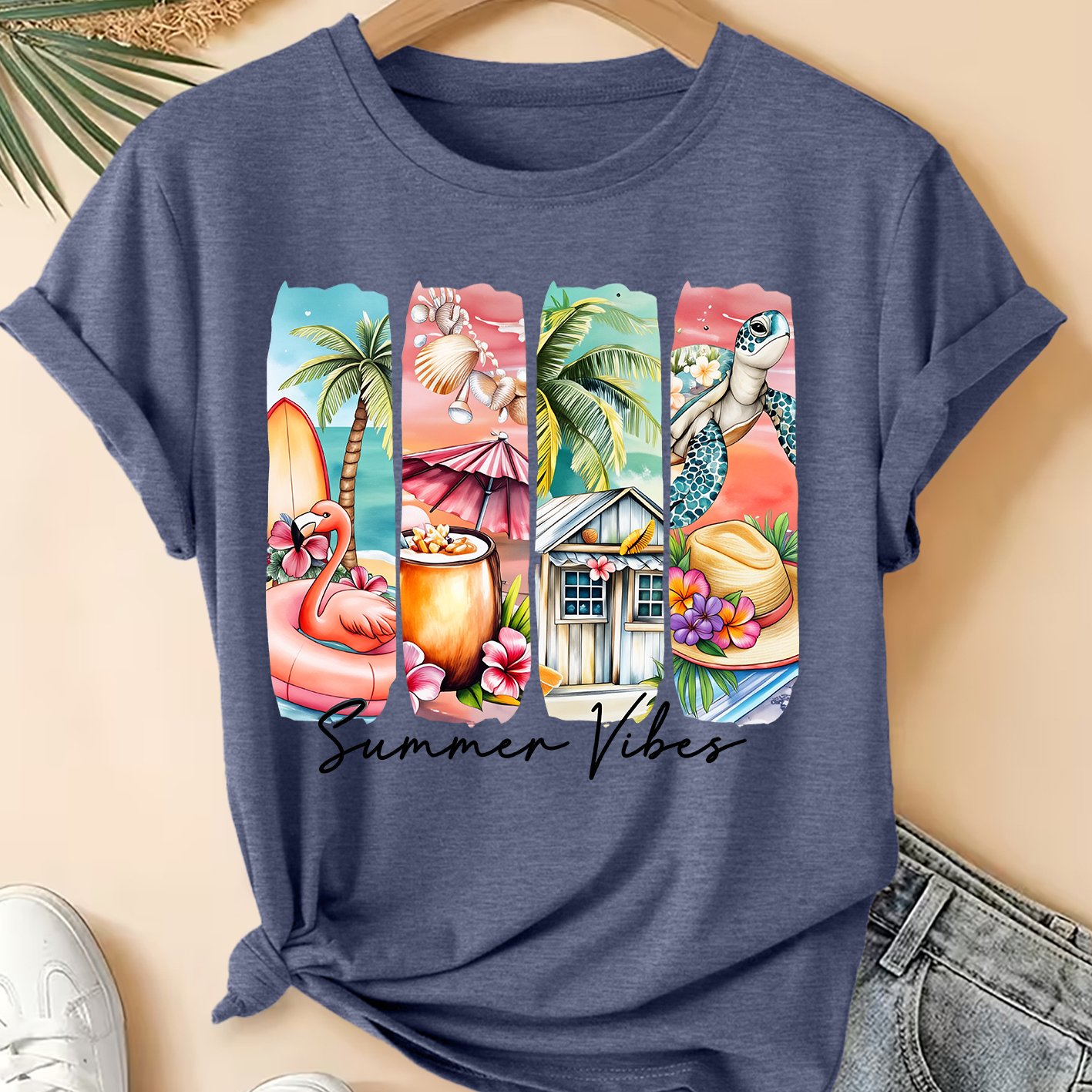 TEMU Women's Plus Size Summer Beach T-shirt - Vintage Short Sleeve Round Neck Blouse-compatible Top | Suitable For Commuting, Vacation & Daily Wear |