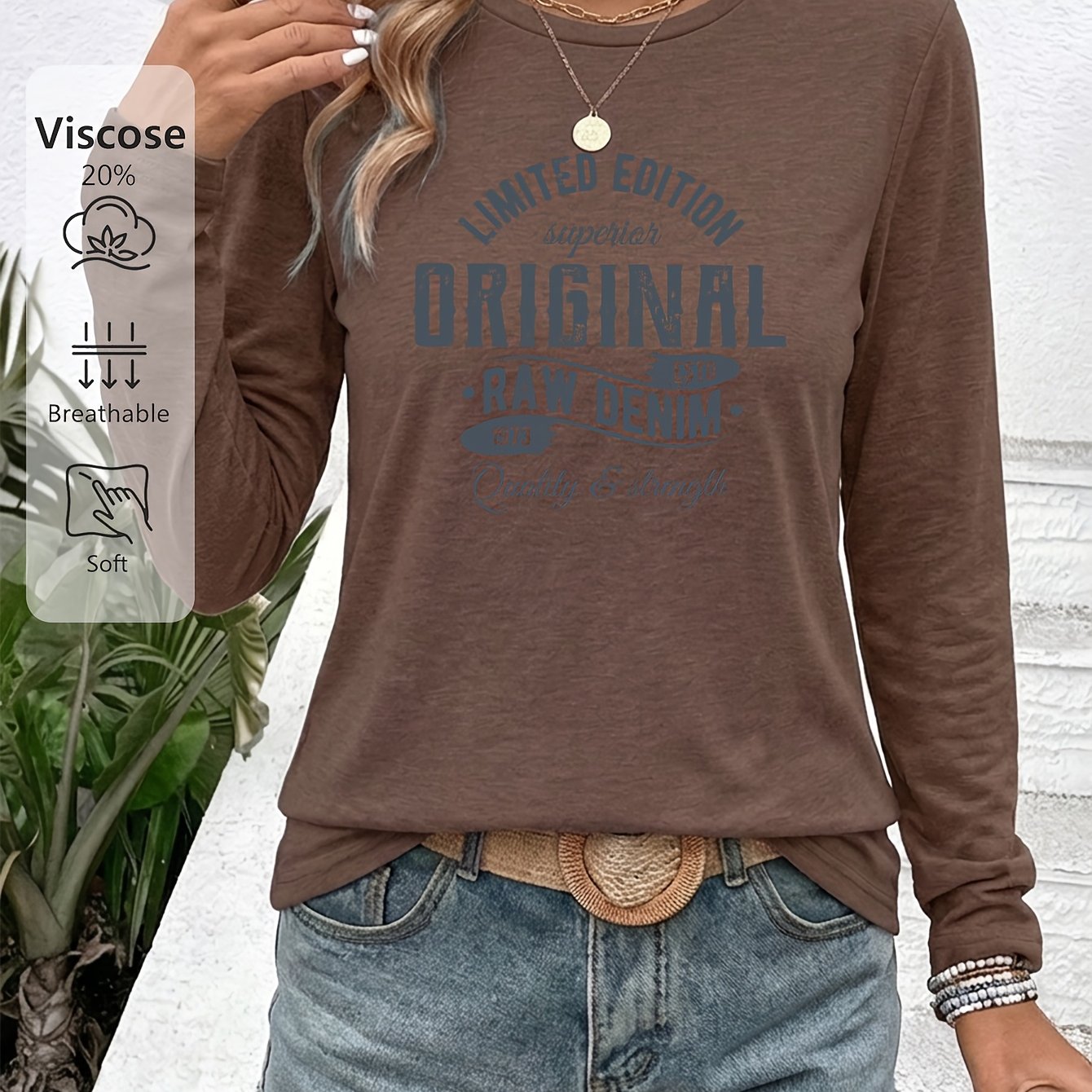 TEMU Women's Round Neck Casual Long Sleeve, Original1973 Distressed Denim Style Multi-font English Print, -friendly Breathable Sweat-wicking Fabric,